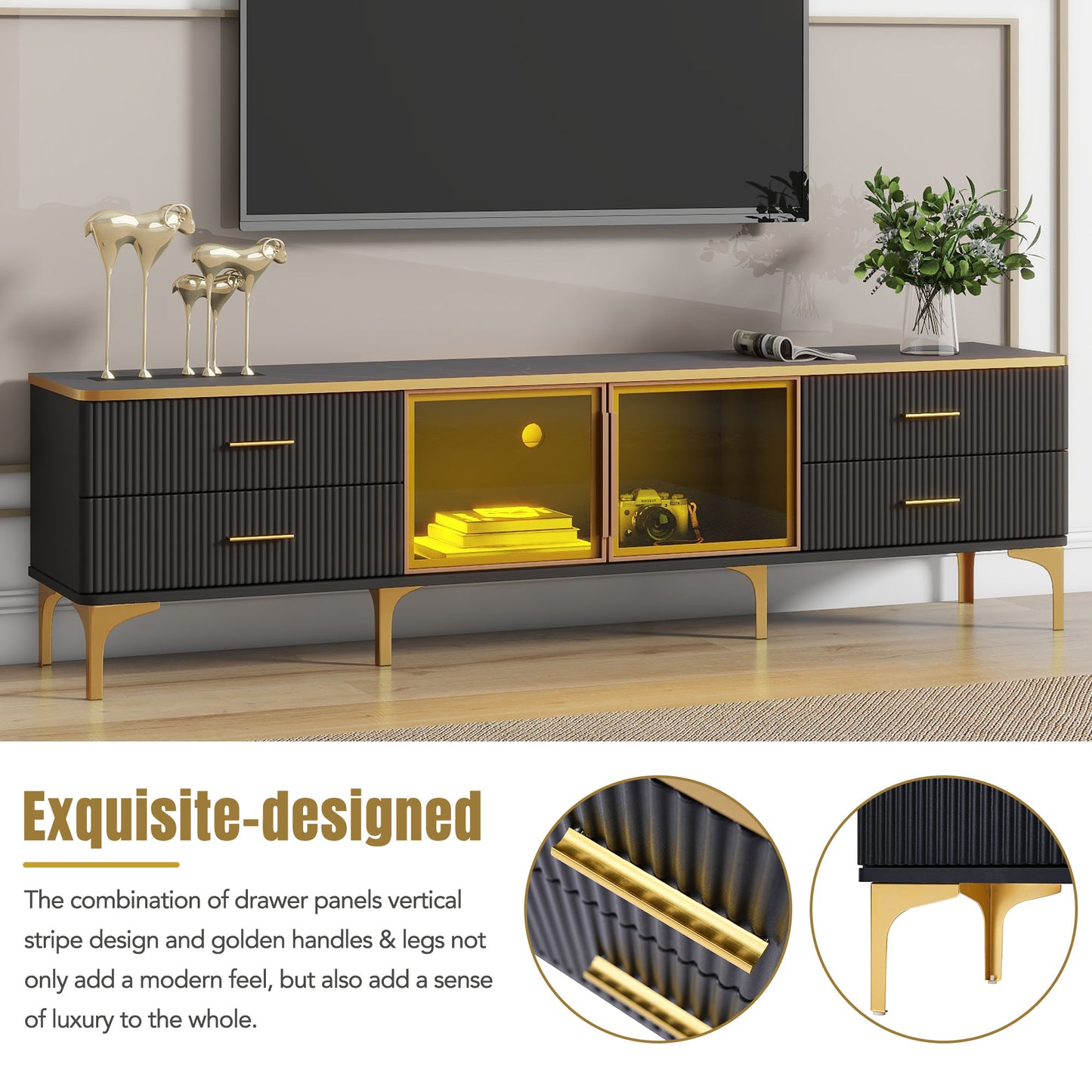 Semiocthome LED TV Stand for TVs Up to 78'' with Glass Cabinet and 4 Drawer, Living Room