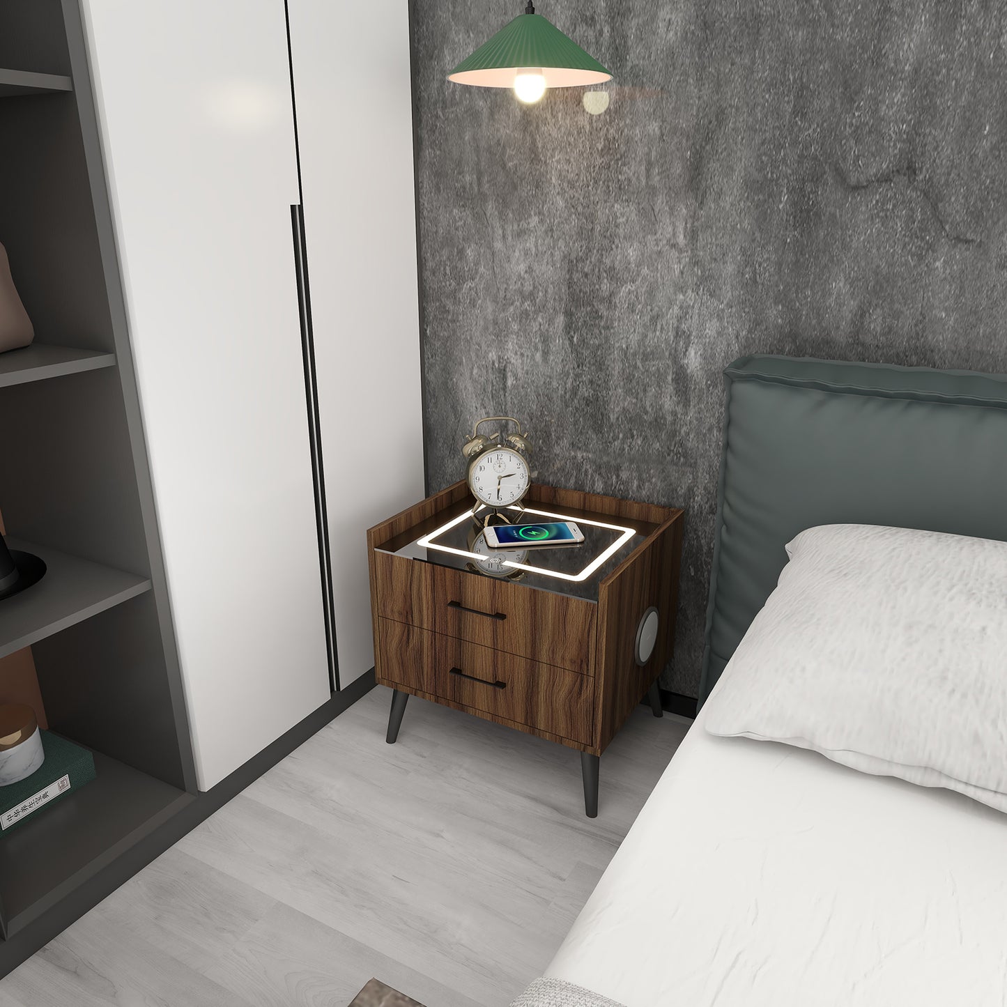 Algherohein Smart LED Nightstand with Charging Station and Bluetooth Speaker,2 Drawers,Brown