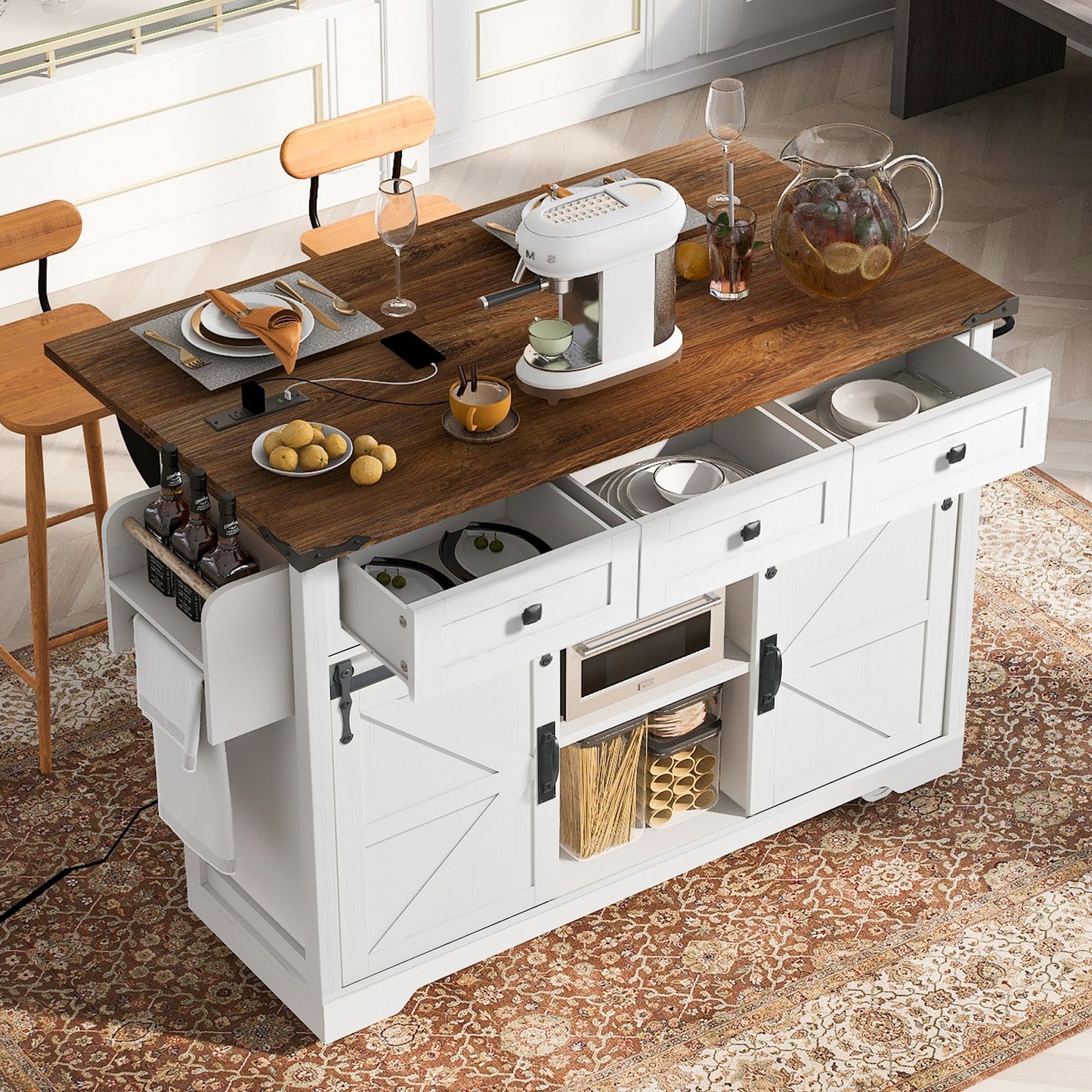 Algherohein Kitchen Island Cart with 2 Sliding Door and 3 Drawer,Storage Microwave Cart