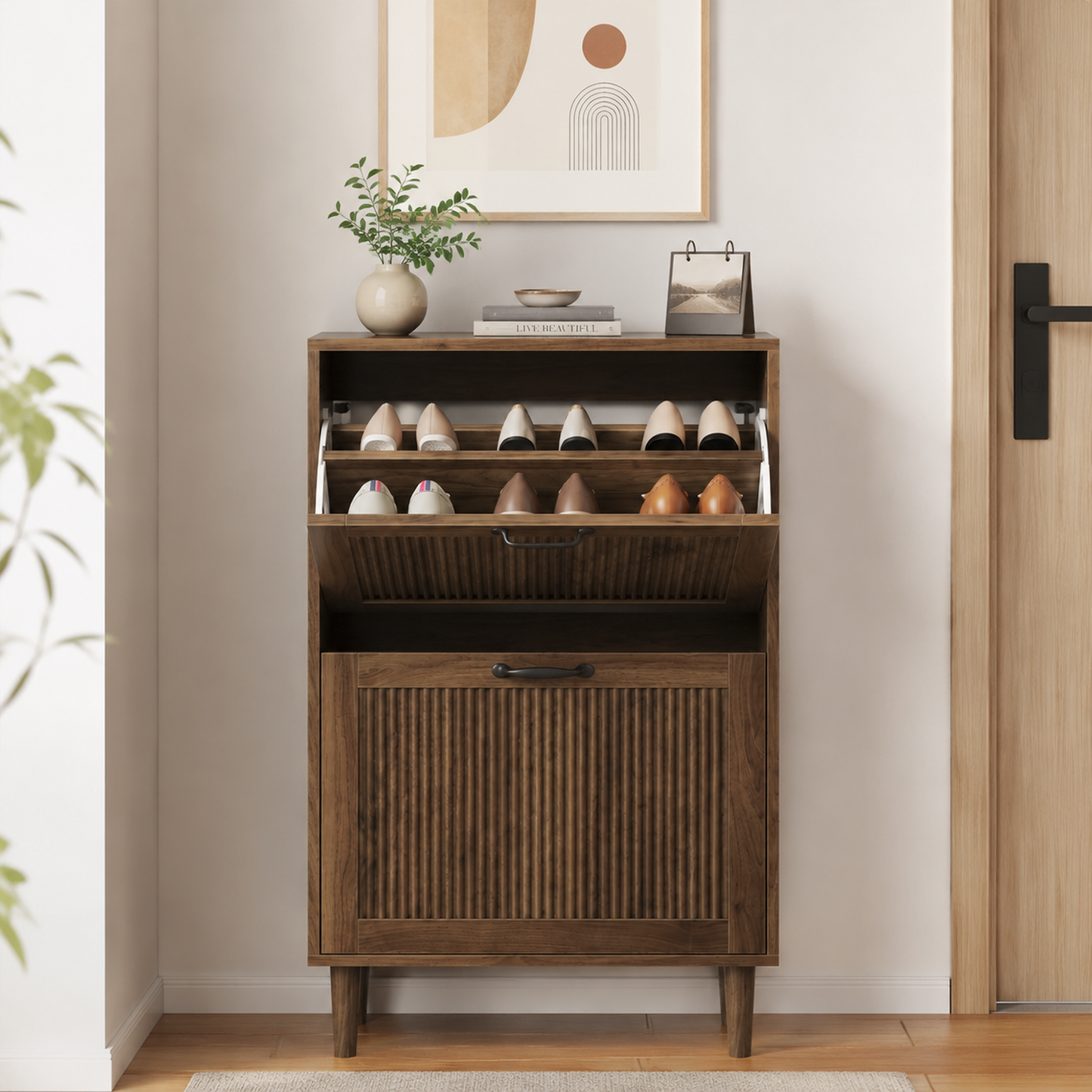 Algherohein Slim Hidden Shoe Cabinet with Fluted Doors, Flip Down Shoe Storage Cabinet Organizer, Freestanding Wood Entryway Shoe Rack