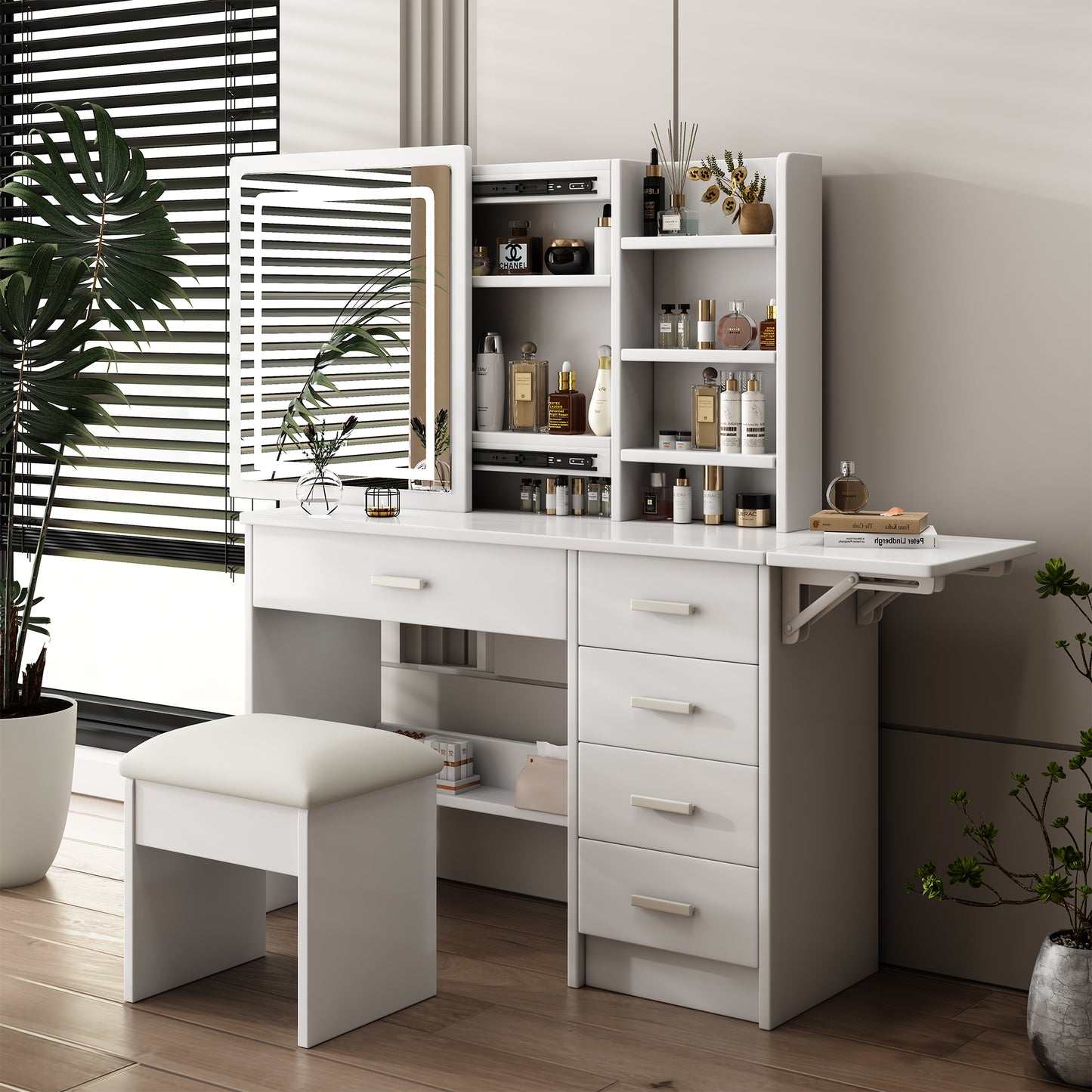 Smart FENDEE Modern Vanity Table Set with Mirror Lights, 5 Shelves,5 Drawers,Bedroom,White