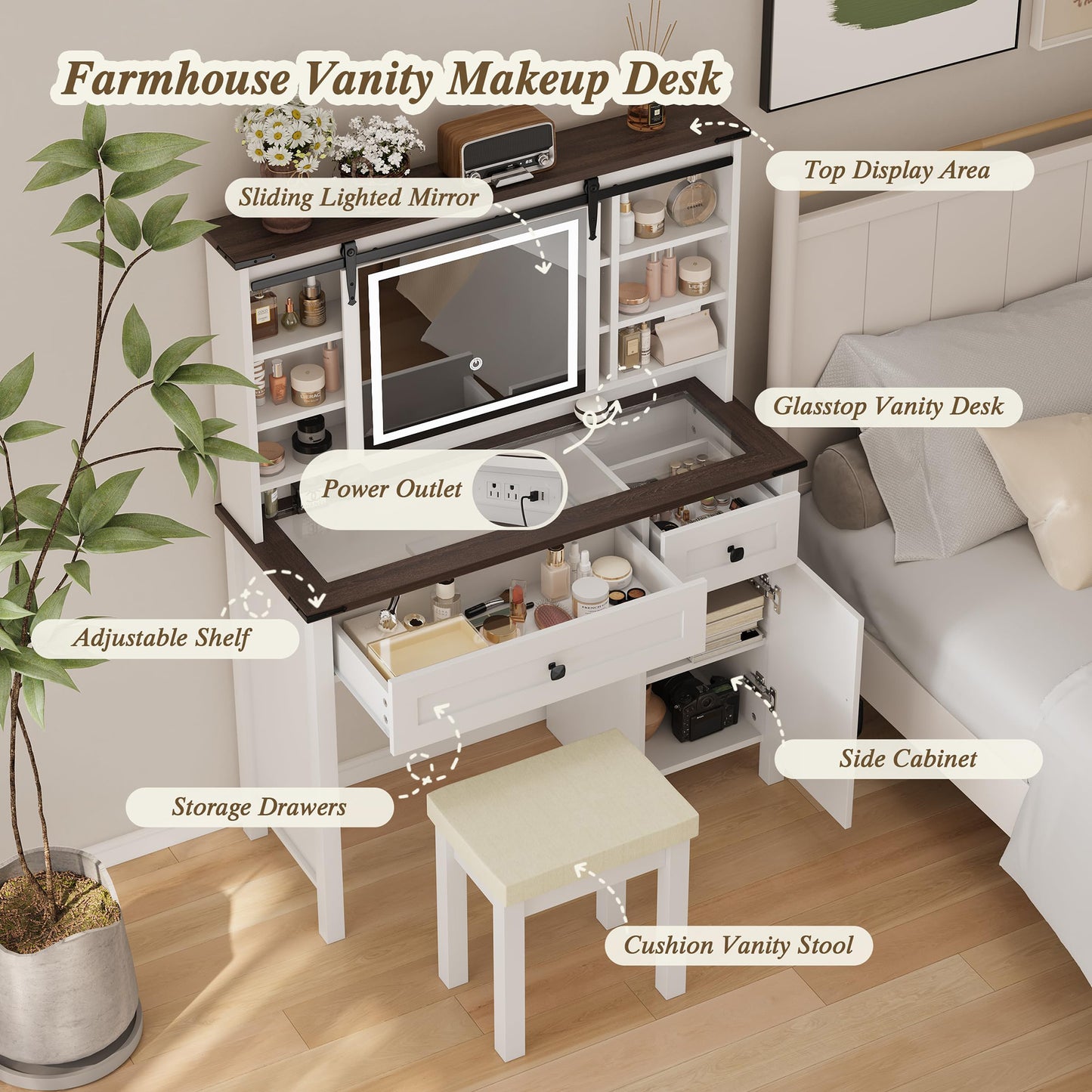 Smart FENDEE Farmhouse Makeup Vanity with Power Outlet,Glass Top,Sliding Mirror, Bedroom,White,Adult