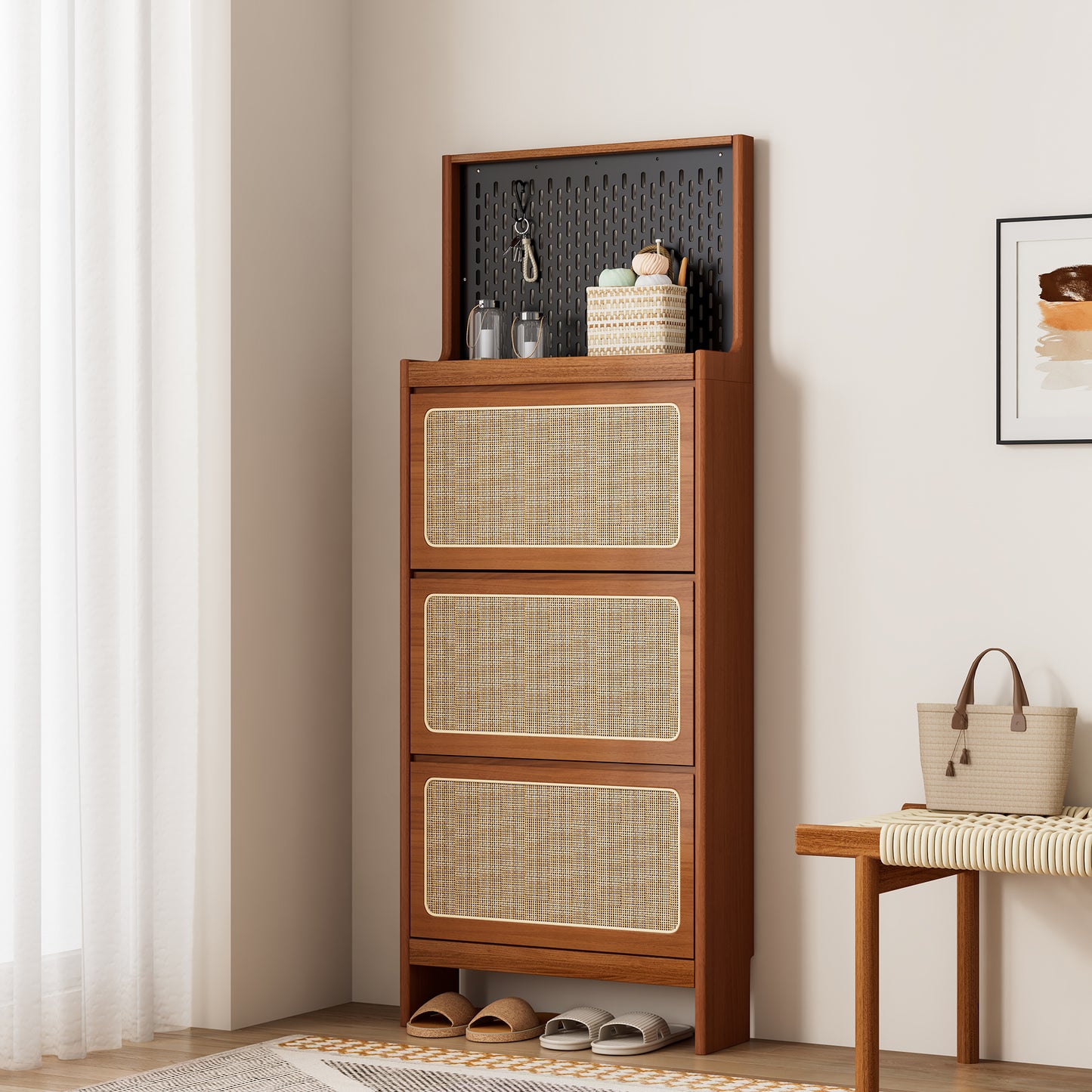 Smart FENDEE Modern Shoe Cabinet with Flip Drawer and Black Pegboard Shoe Rack for Entryway,Walnut