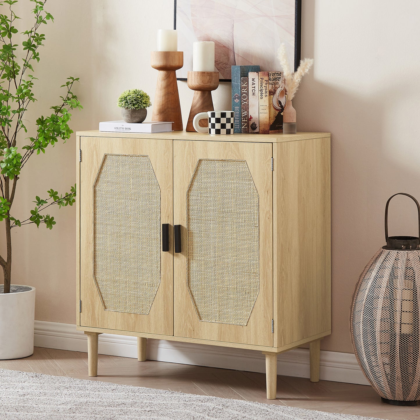 Smart FENDEE Kitchen Storage Cabinets with Rattan Decorated Doors, Buffets, Natural