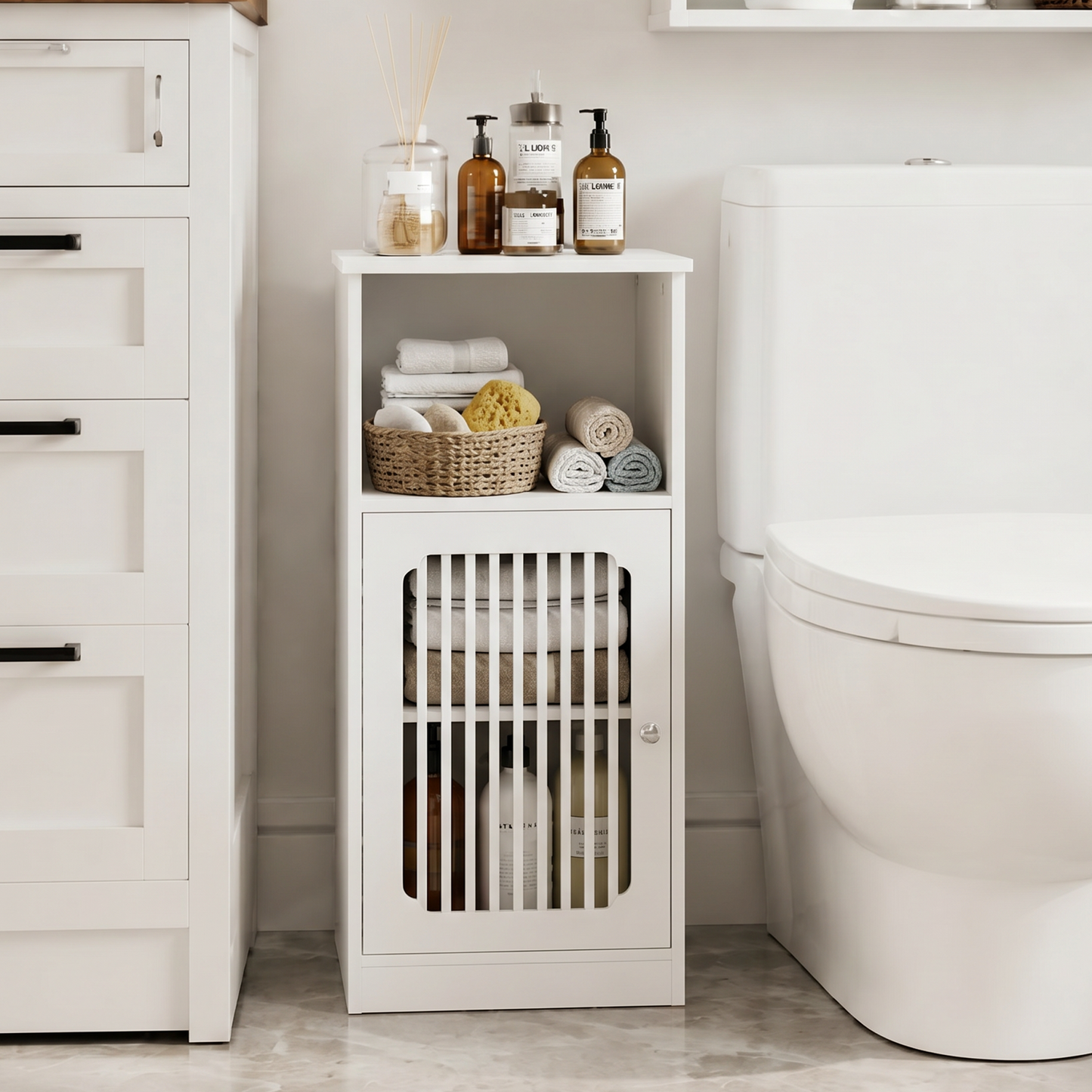 Semiocthome Bathroom Storage Cabinet, Floor Cabinet Organizer with Slatted Door and Adjustable Shelf, Bathroom, White