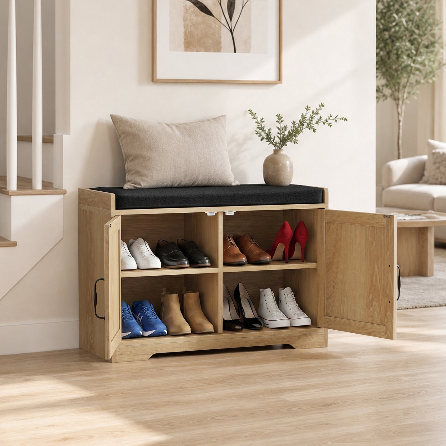 Semiocthome Shoe Bench with Storage for Entryway, Shoe Cabinet with Thick Padded Cushion, Oak