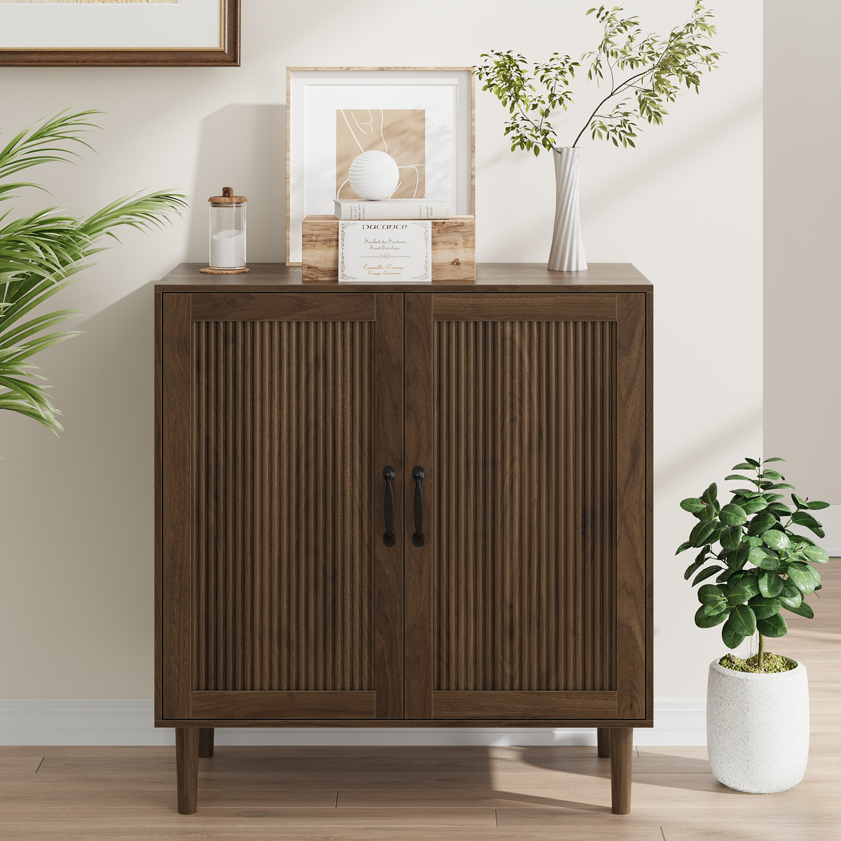 Semiocthome 31.5” Buffet Cabinet with 2 Doors and Adjustable Shelf, Gradien Fluted Design, Kitchen, Walnut