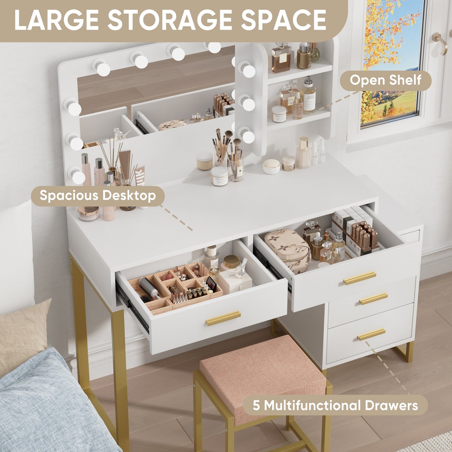 Algherohein Vanity Set with Mirror and Storage Cabinet,Makeup Vanity for Bedroom