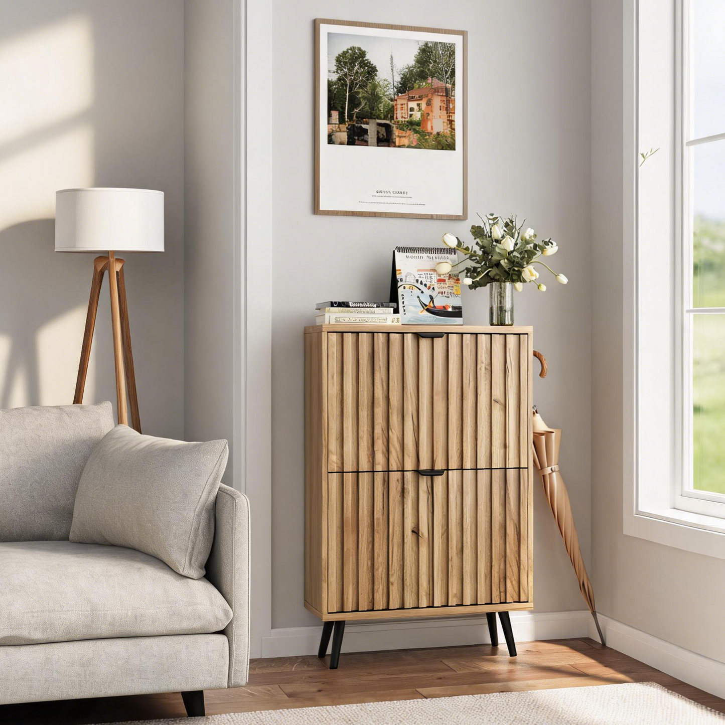 Algherohein Slim Shoe Storage Cabinet with Flip-Down Drawers,Freestanding Shoe Organizer for Entryway
