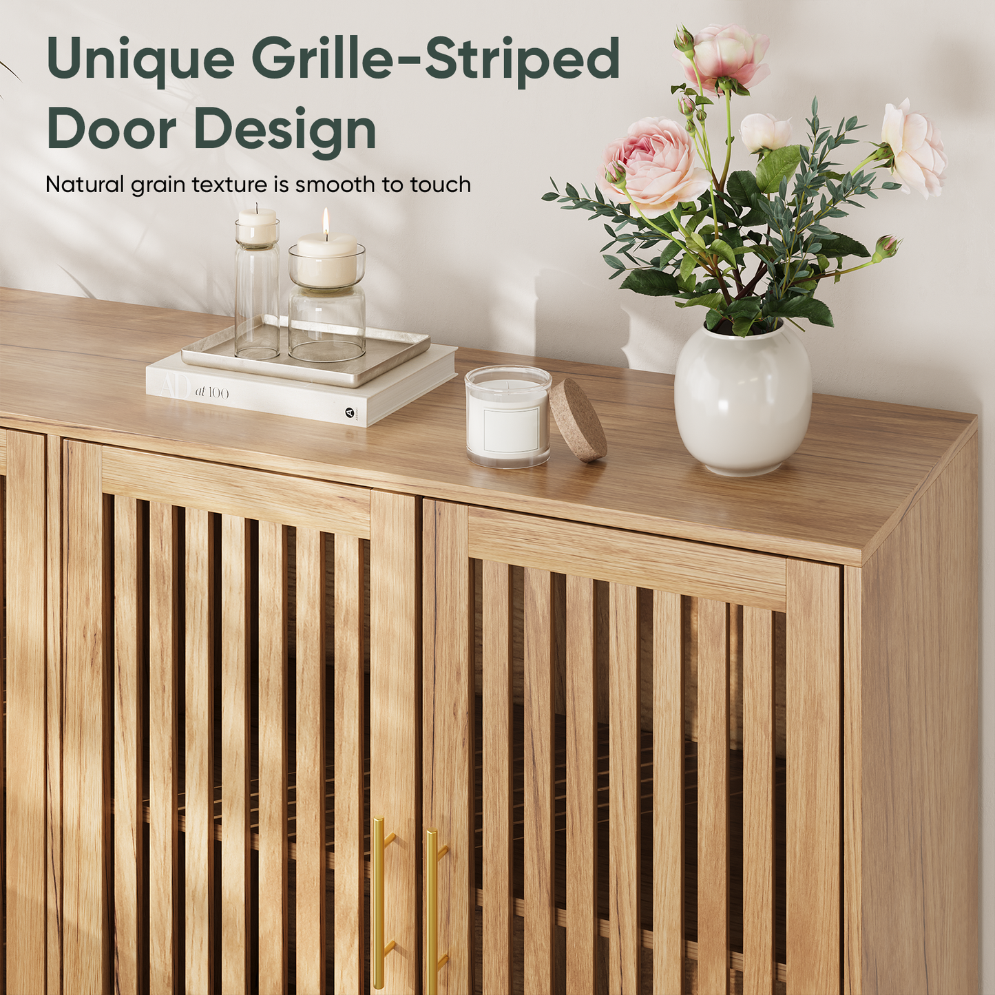 Smart FENDEE 63"W Sideboard Storage Cabinet with Slatted Doors and Adjustable Shelf,Dining Room,Natural