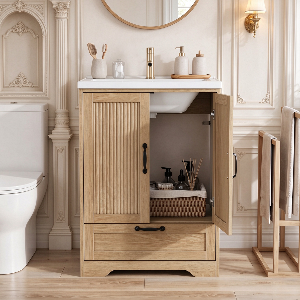 Smuxee 24 Inch Freestanding Bathroom Vanity with Sink, Fluted Cabinet Doors & Storage Drawer, Wood Grain Bathroom Sink Cabinet, Walnut