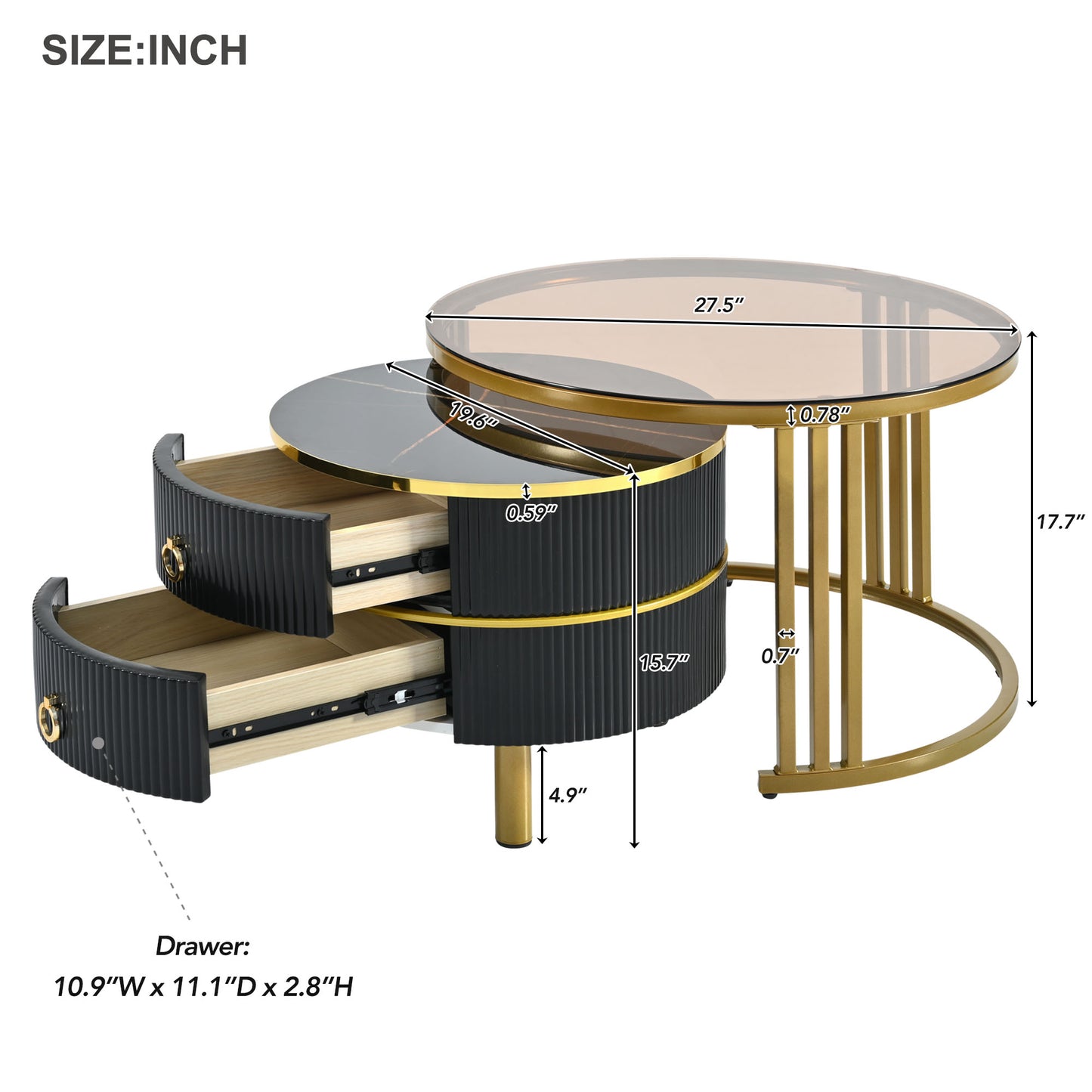 Semiocthome Modern Nesting Coffee Table with 2 Drawer and Tempered Glass Tabletop,Living Room
