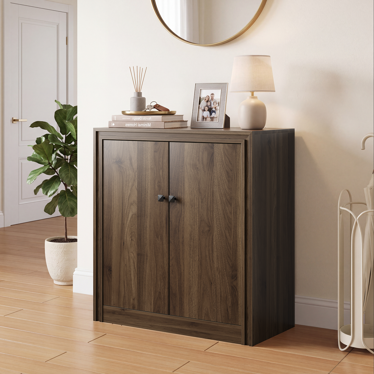 Smuxee 2 Doors Wood Storage Cabinet, Freestanding Accent Cabinet with Adjustable Shelevs, Walnut Grain Organizer TV Stand for Living Room