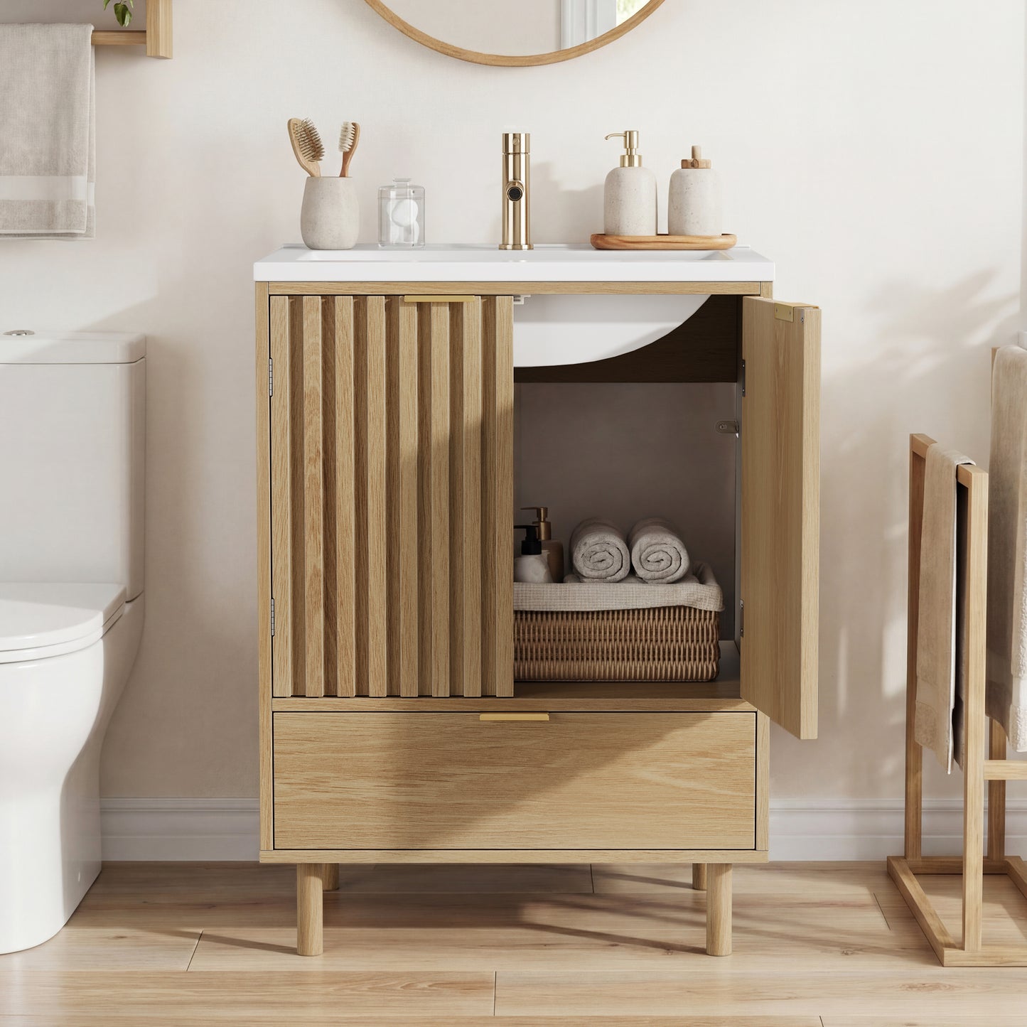 Smart FENDEE 22.83" Bathroom Vanity with Resin Sink, Storage Cabinet with Barn Door & Drawer, White