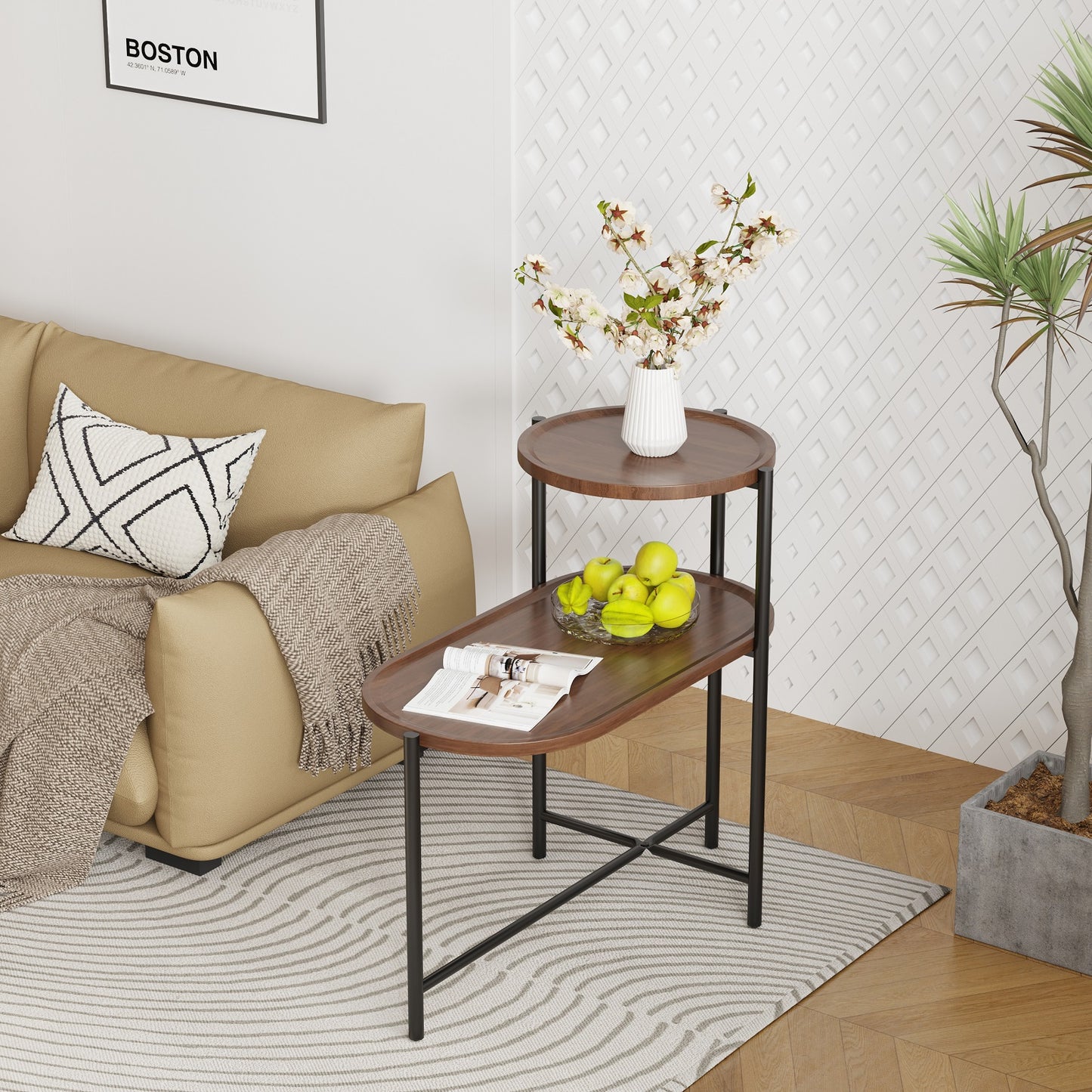 Algherohein 2 Tier Oval End Table for Living Room,Indoor Small Tray Table Side Table