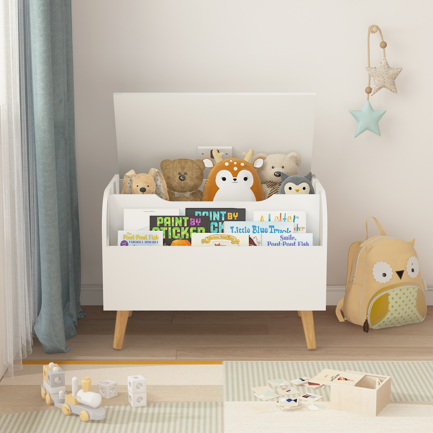 Smuxee Kids Toy Storage Organizer with Child Bookshelf,Toy Box Bench for Girls and Boys,White