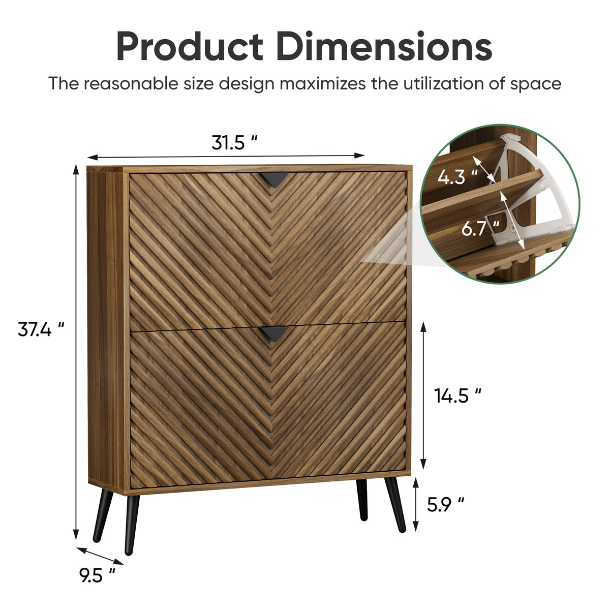 Smuxee Diamond Pattern Shoe Storage Cabinet for Entryway with 2 Flip Drawers，Freestanding Wood Hidden Shoe Organizer with Adjustable Shelves,Walnut 31.5"W