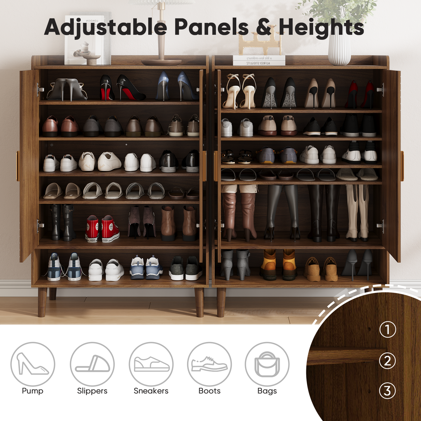 Smuxee Wooden Shoe Organizer Cabinet with 7-Tier Adjustable Shelves,Entryway Shoe Storage for Shoes,Heels,Boots,Slippers,Walnut