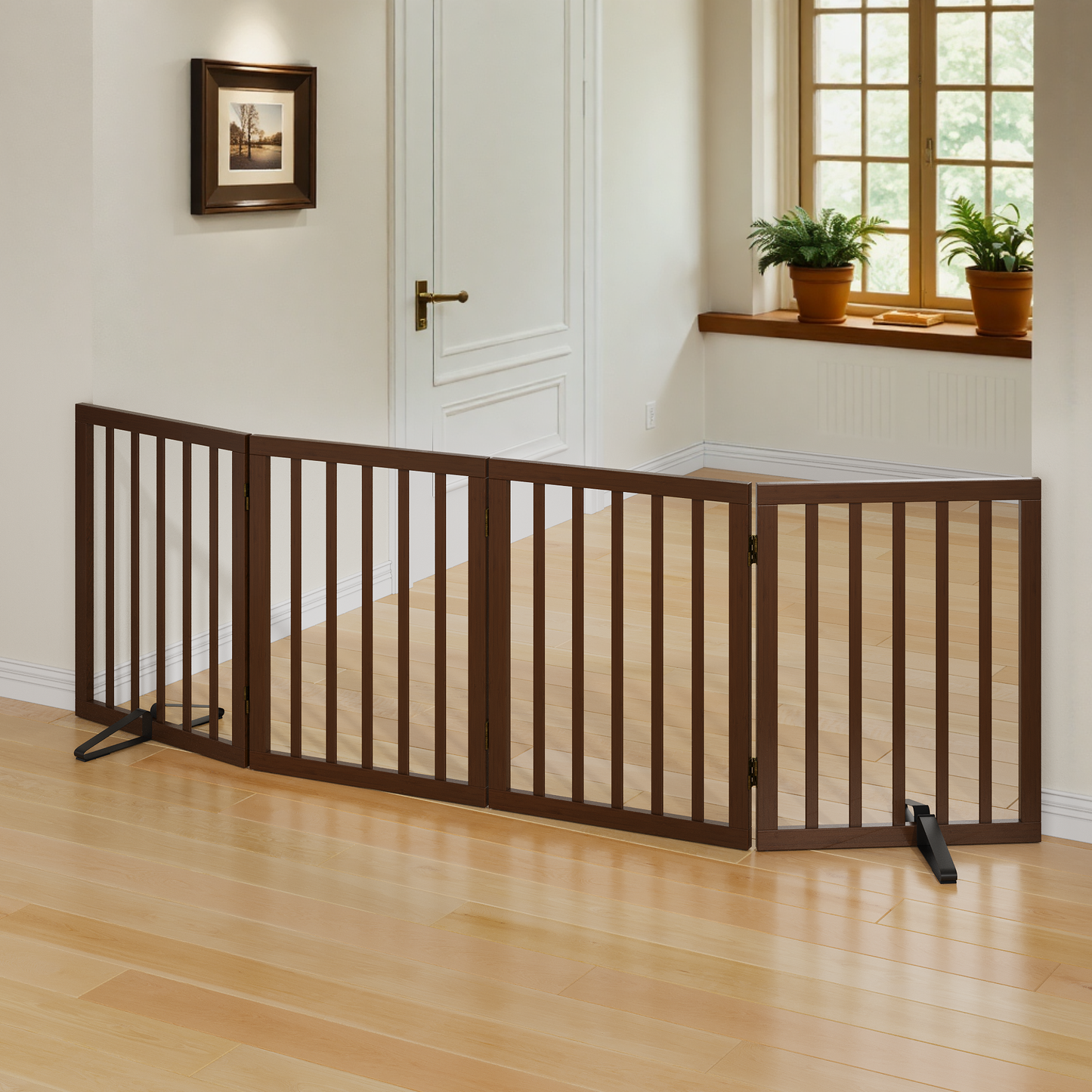 Smart FENDEE Bamboo Dog Gate Freestanding 4 Panel Pet Gate for Doorways, 2 Support Feet, Espresso