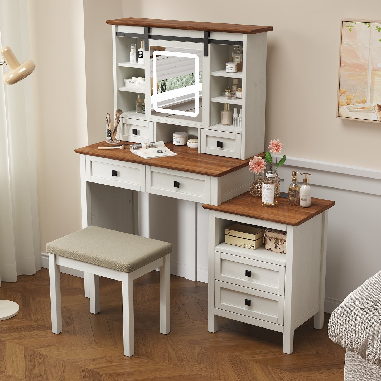 Semiocthome Farmhouse Makeup Vanity Desk with Cushioned Stool and Charging Station for Bedroom,White