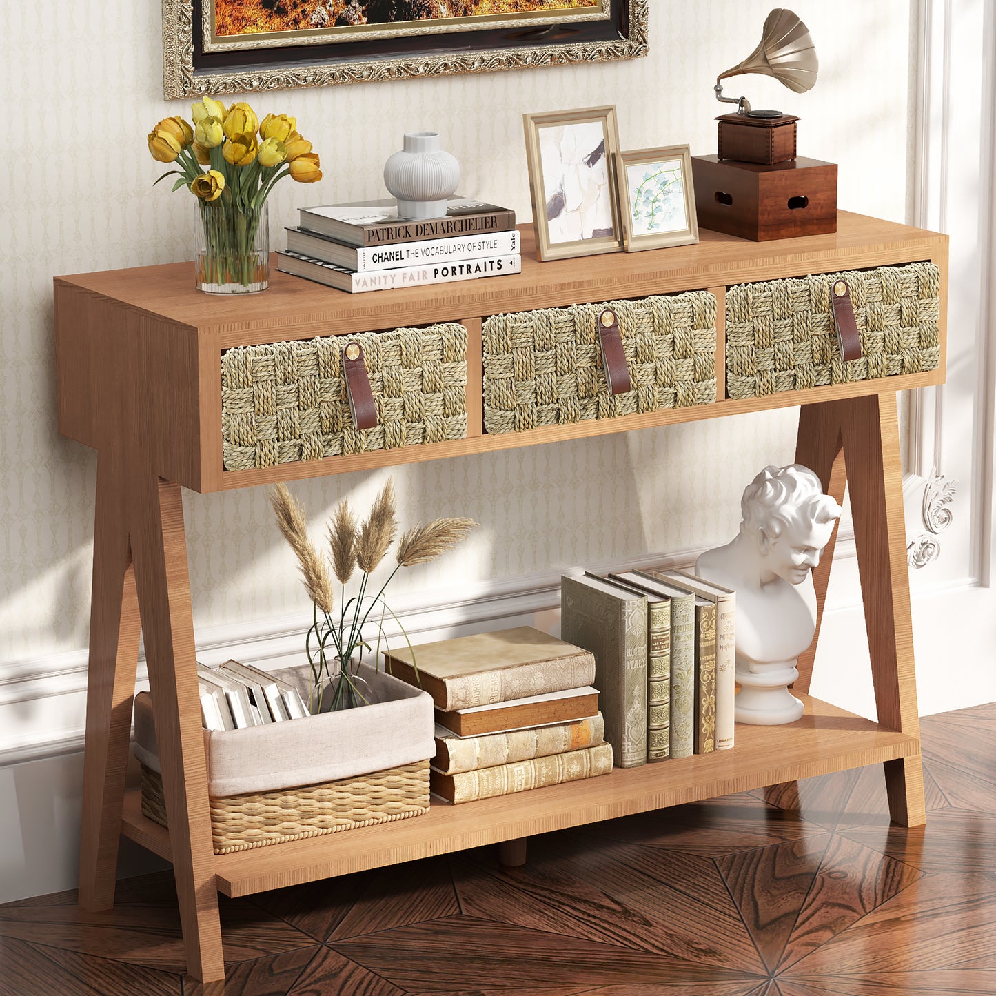 Algherohein Farmhouse Console Table with 3 Drawer and Shelf,Storage Entryway Table,Brown
