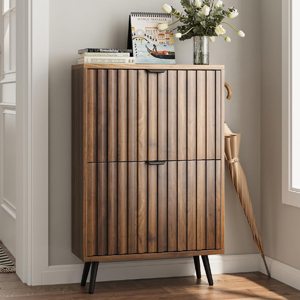 Smart FENDEE Shoe Cabinet with 2 Flip Drawers Slim Shoe Storage Cabinet, Entryway, Walnut, 23.6 in