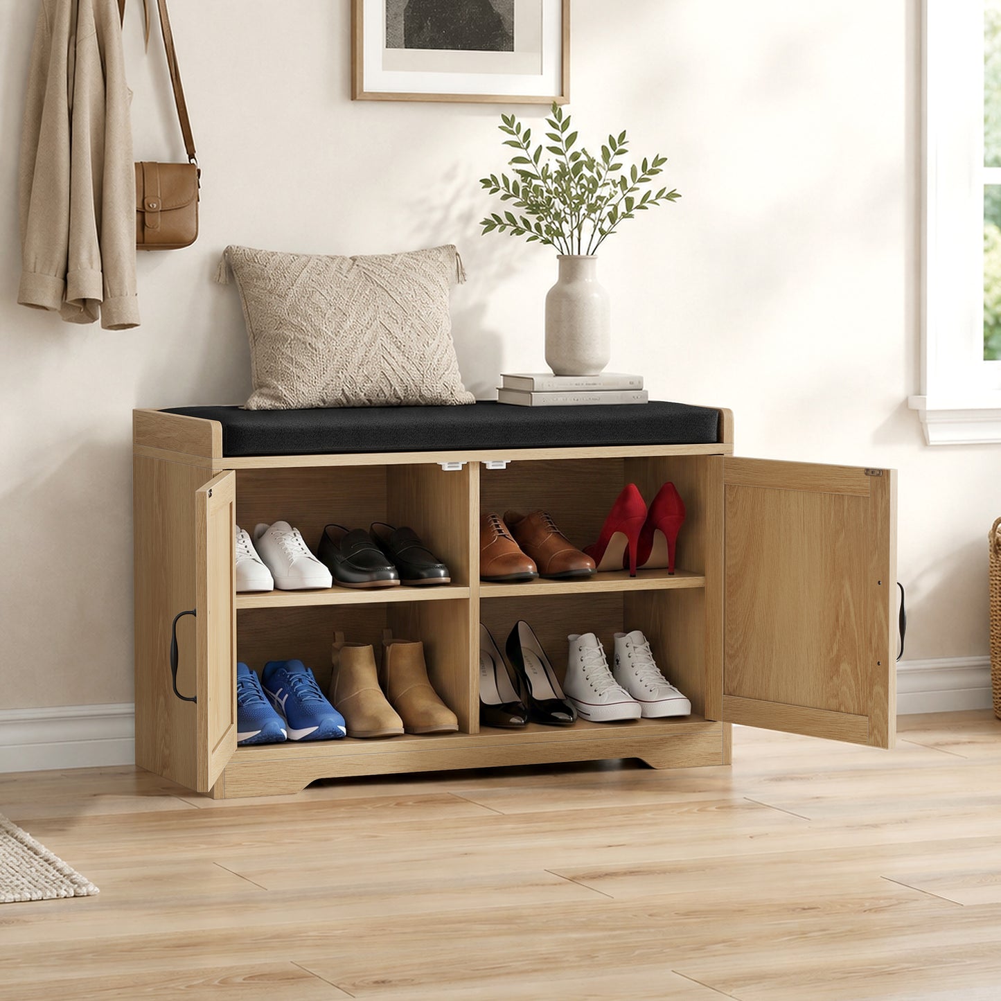 Algherohein Entryway Shoe Bench with Closed Storage Cabinet, Padded Seat Shoe Organizer Bench for Hallway