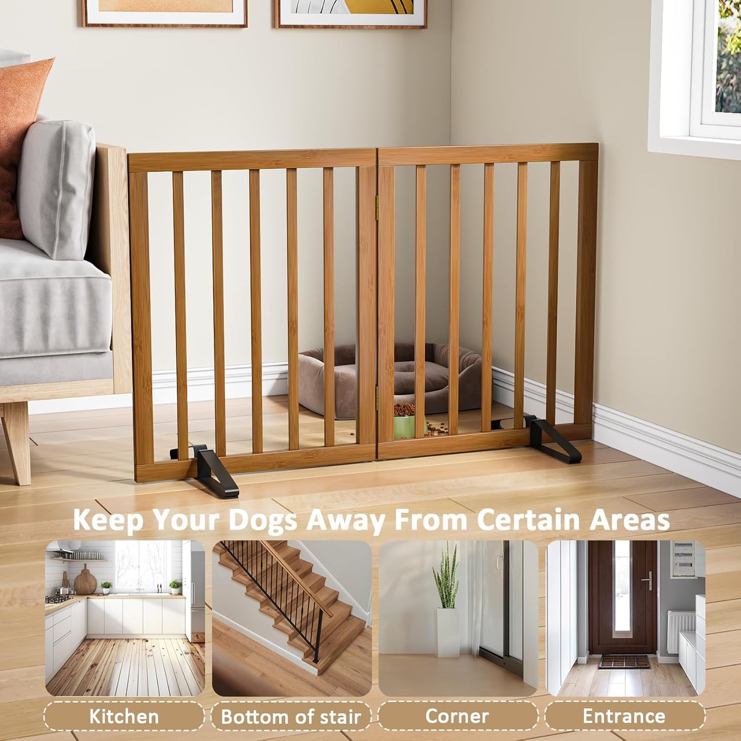Smart FENDEE Bamboo Dog Gates for Doorways Freestanding Pet Gate, 2 Support Feet, 24"H, Walnut
