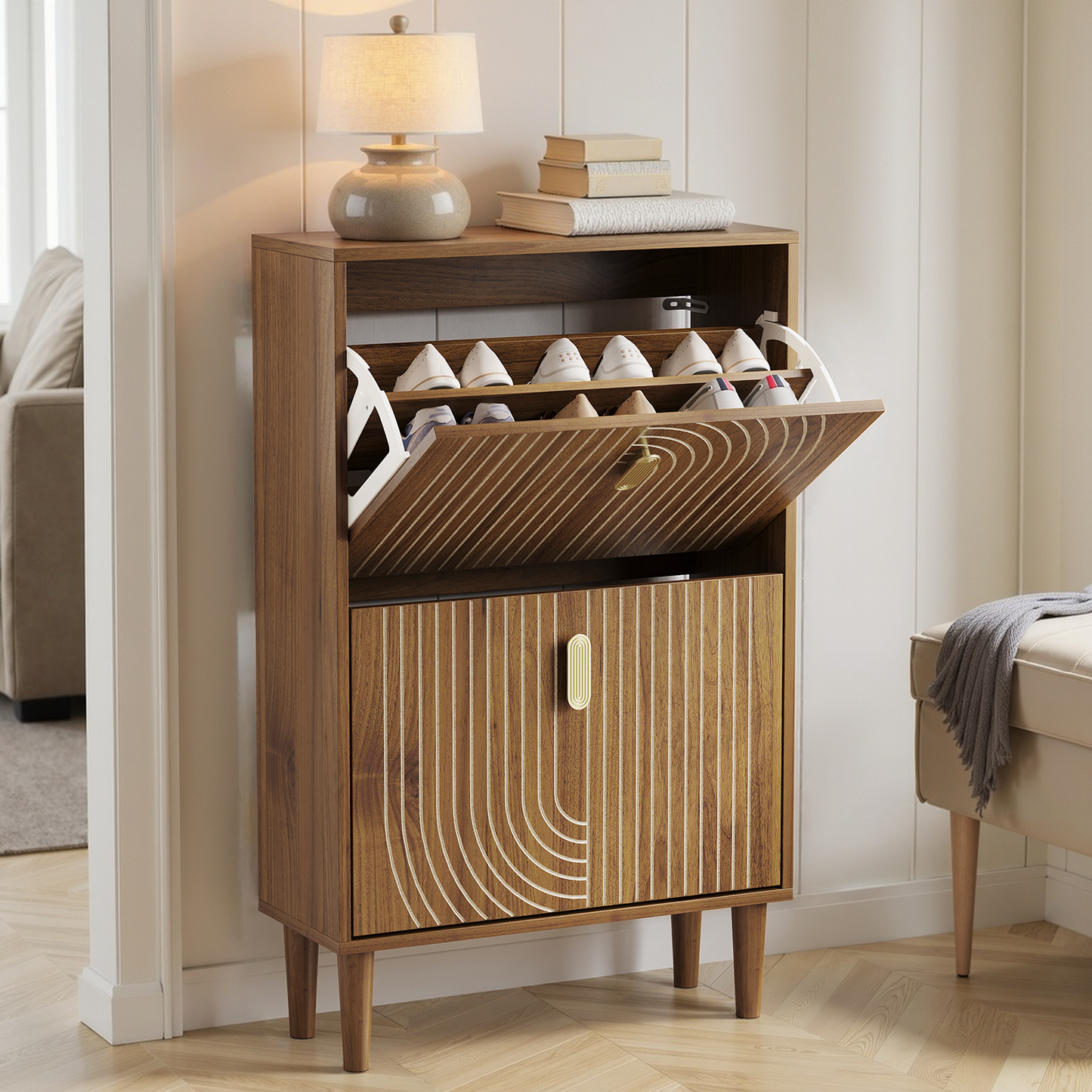 Semiocthome 23.6" Shoe Cabinet with 2 Flip Drawers and Line Groove Design, Entryway, Walnut