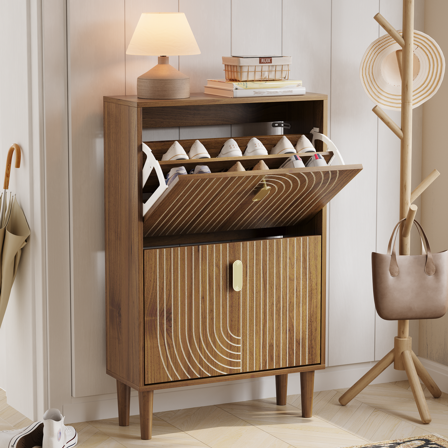 Algherohein Wood Shoe Storage Cabinet for Entryway,Shoe Rack Organizer with Flip Drawers