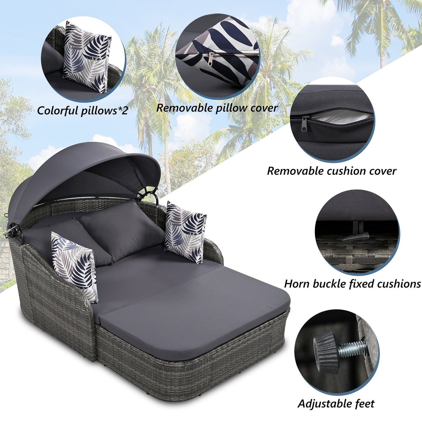 Algherohein PE Rattan Outdoor Daybed with Adjustable Canopy and Cushions,Patio Couch Bed