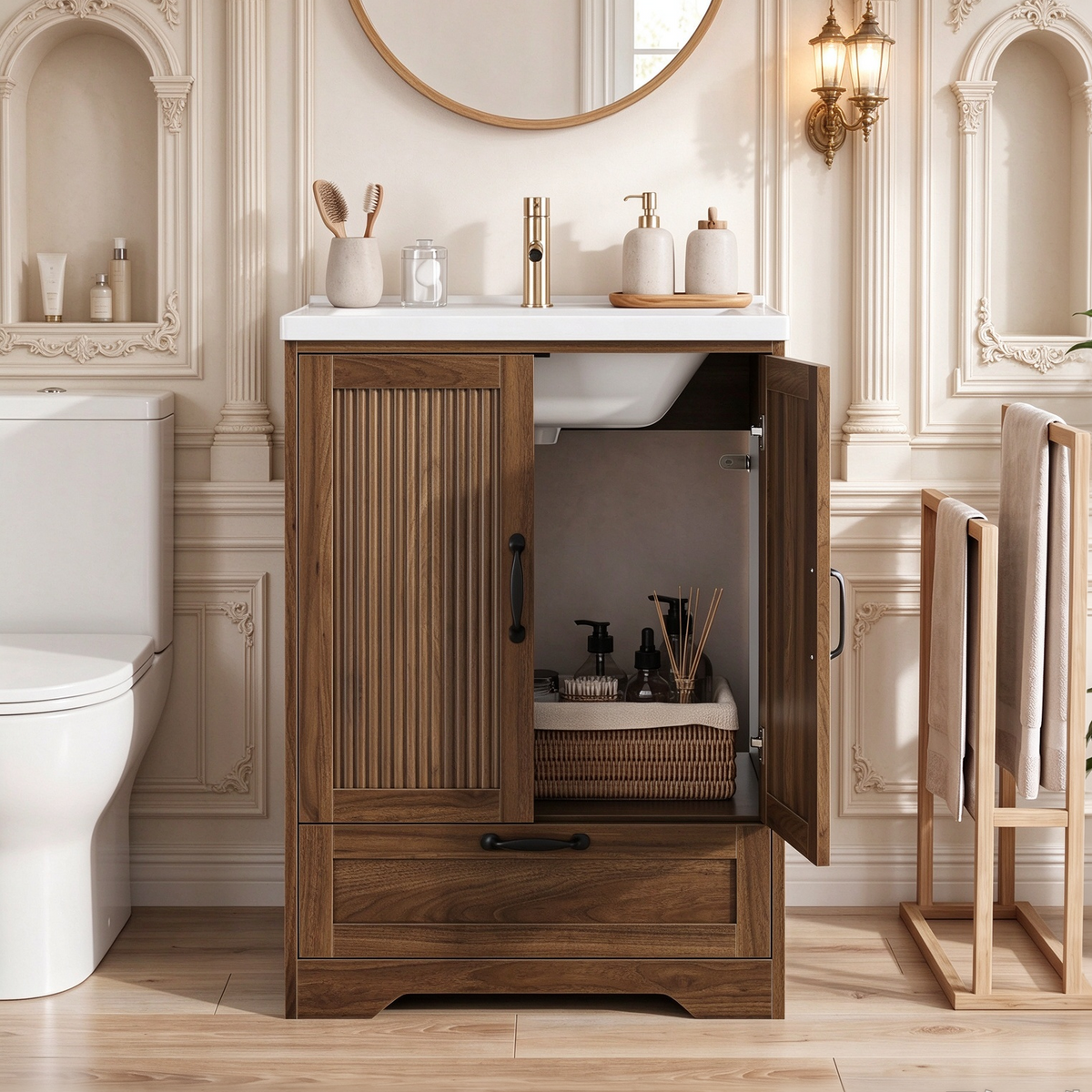 Smuxee 24 Inch Freestanding Bathroom Vanity with Sink, Fluted Cabinet Doors & Storage Drawer, Wood Grain Bathroom Sink Cabinet, Walnut