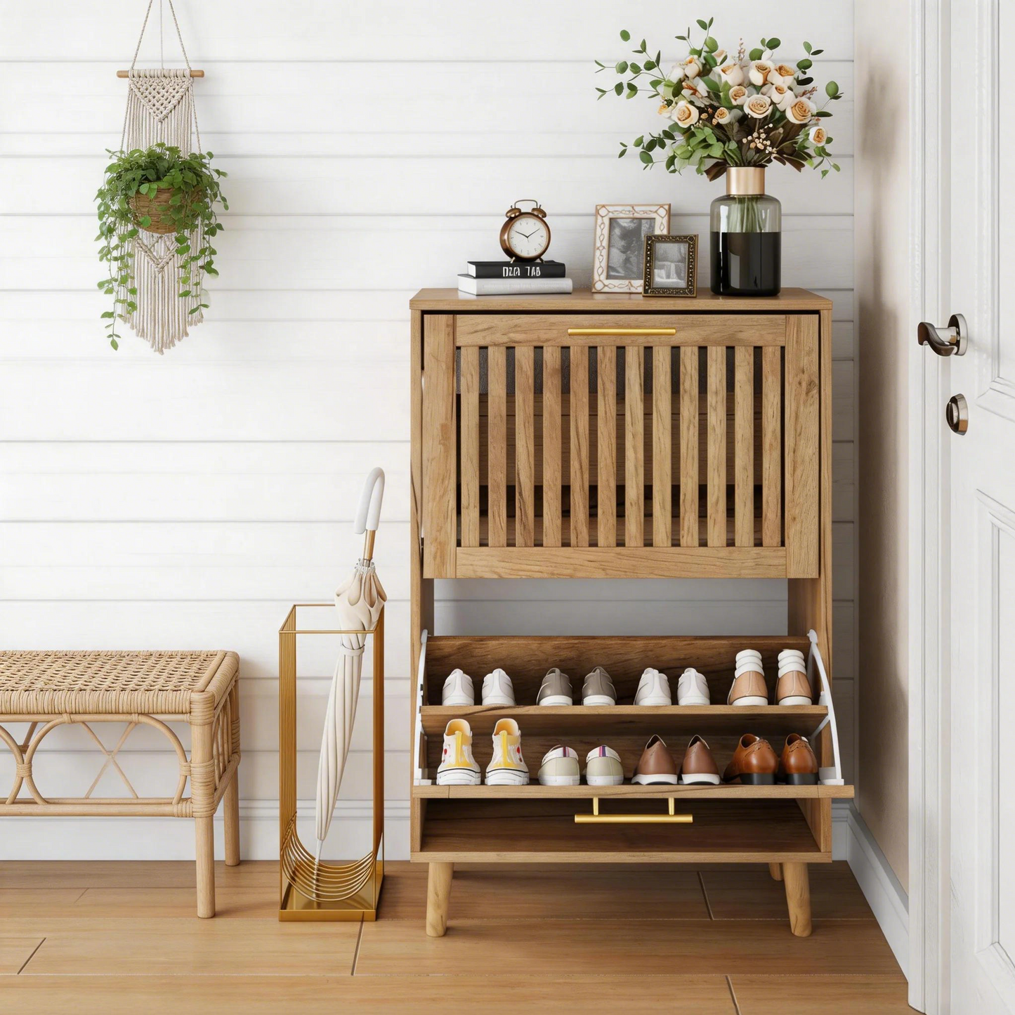 Algherohein Narrow Shoe Cabinet for Entryway, Freestanding Wooden Shoe Organizer Cabinet with 2 Flip Drawers & Adjustable Shelves