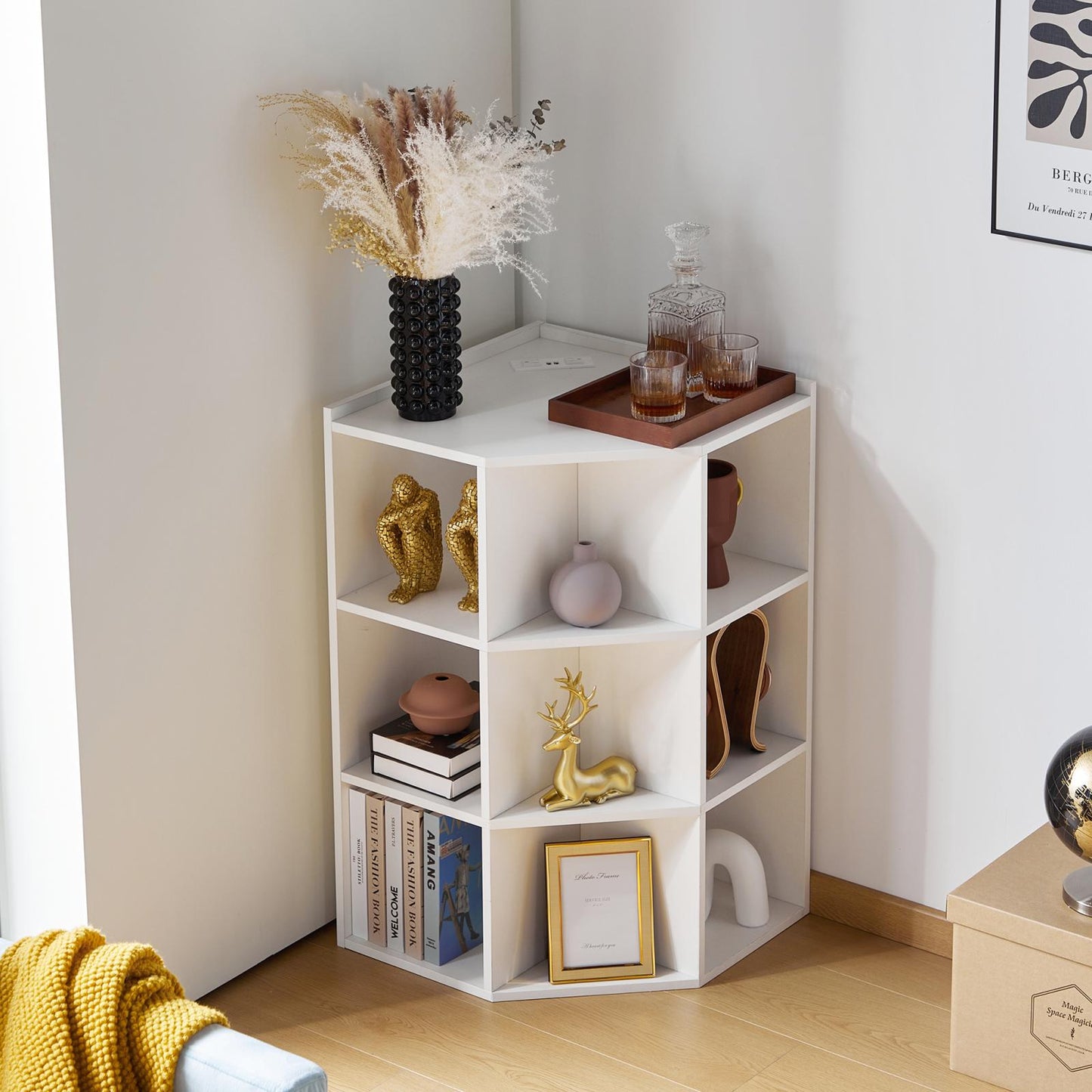 Smuxee Modern Corner Shelf with Cube Storage,USB Outlets Charging Station,Home Corner Cabinet
