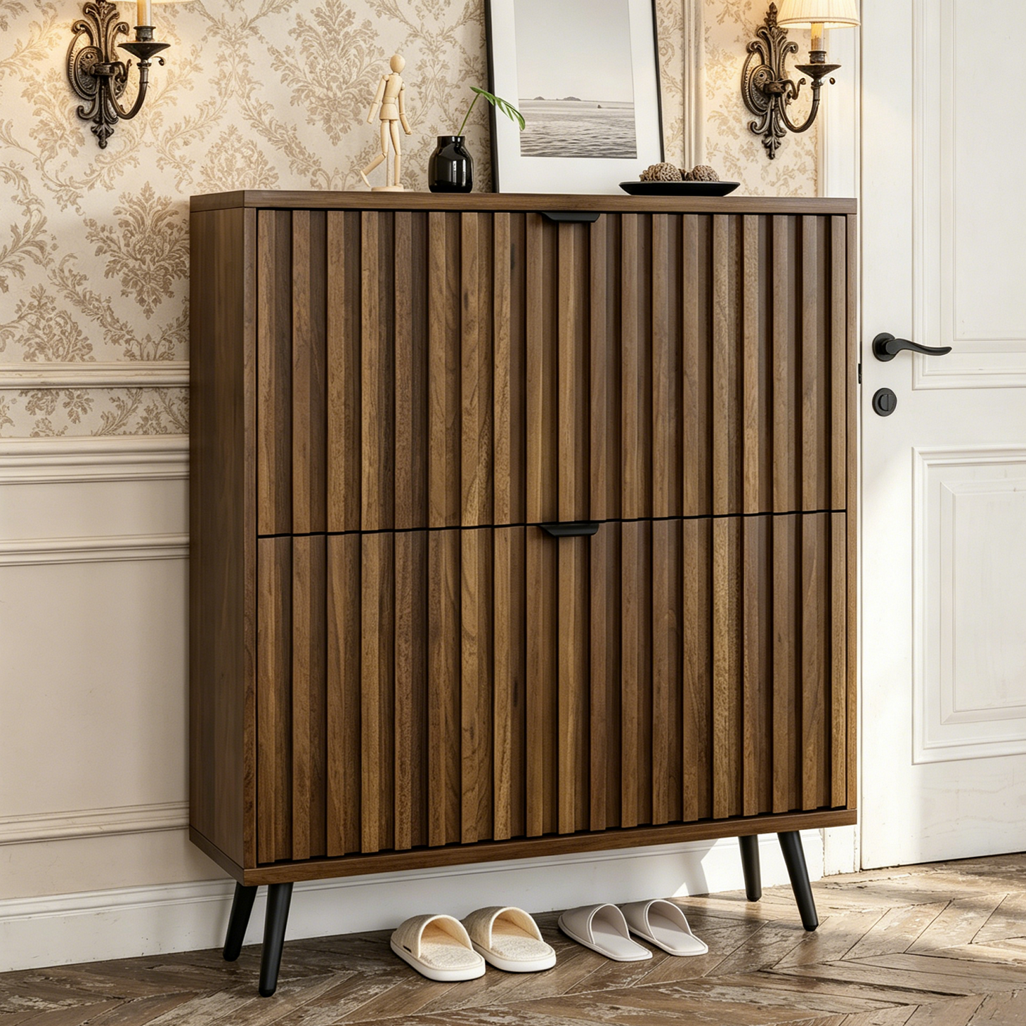 Algherohein Slim Shoe Storage Cabinet with Flip-Down Drawers,Freestanding Shoe Organizer for Entryway