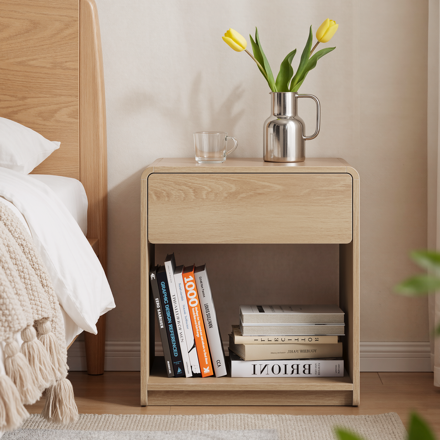 Semiocthome Modern Nightstand Set of 2 with Rounded Corners, Bedside Table for Bedroom, Oak