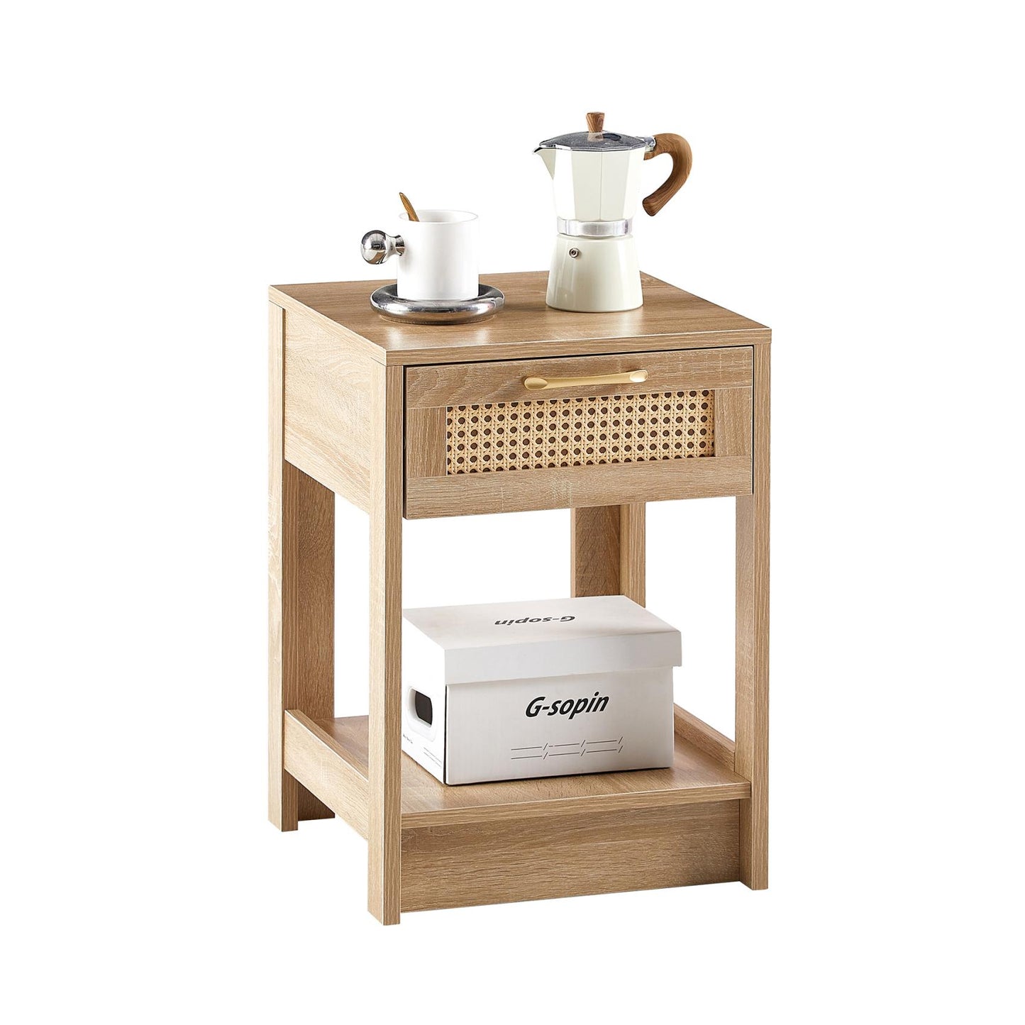 Smuxee Classic Wood Rattan Nightstand with 1 Drawer and Shelf,Side Tables for Living Room