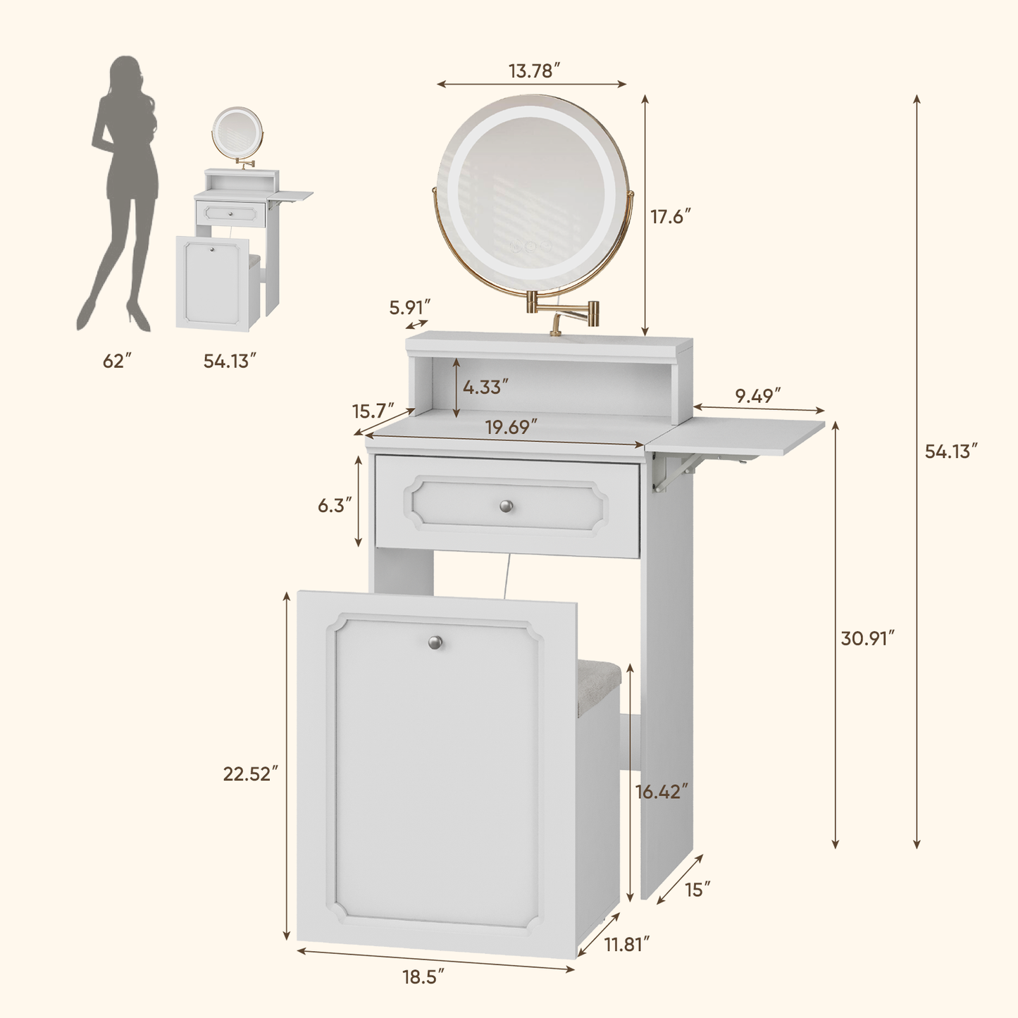 Smuxee 3 In 1 White Vanity Set with Mirror and Lights,Makeup Vanity with Drawer and Vanity Stool