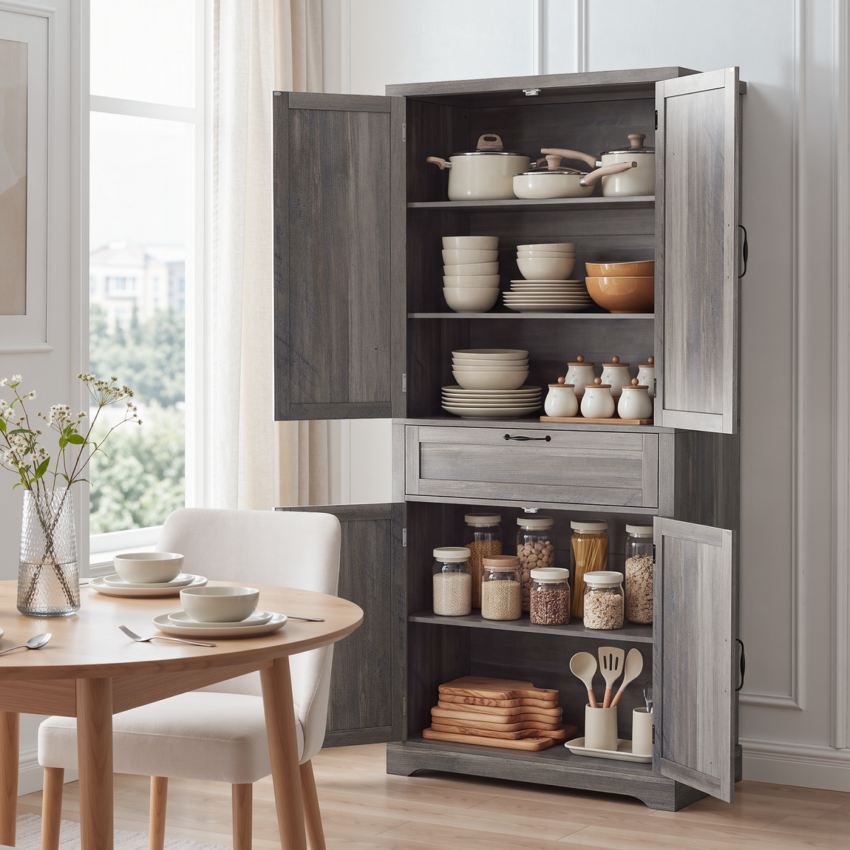 Smuxee Farmhouse Tall Kitchen Pantry Storage Cabinet with 4 Barn-Style Doors & Central Drawer for Kitchen, Dining Room, Living Room, Entryway