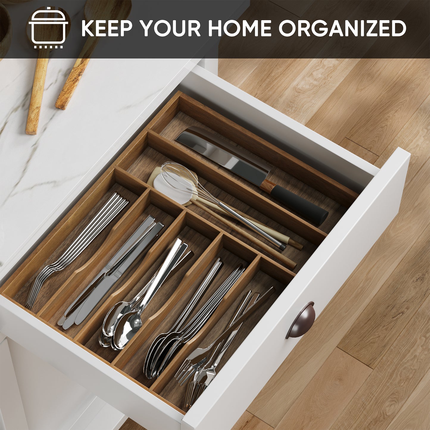 Semiocthome Drawer Organizer Silverware Organizer Kitchen Utensil Holder,7 Slots, Acacia Wood