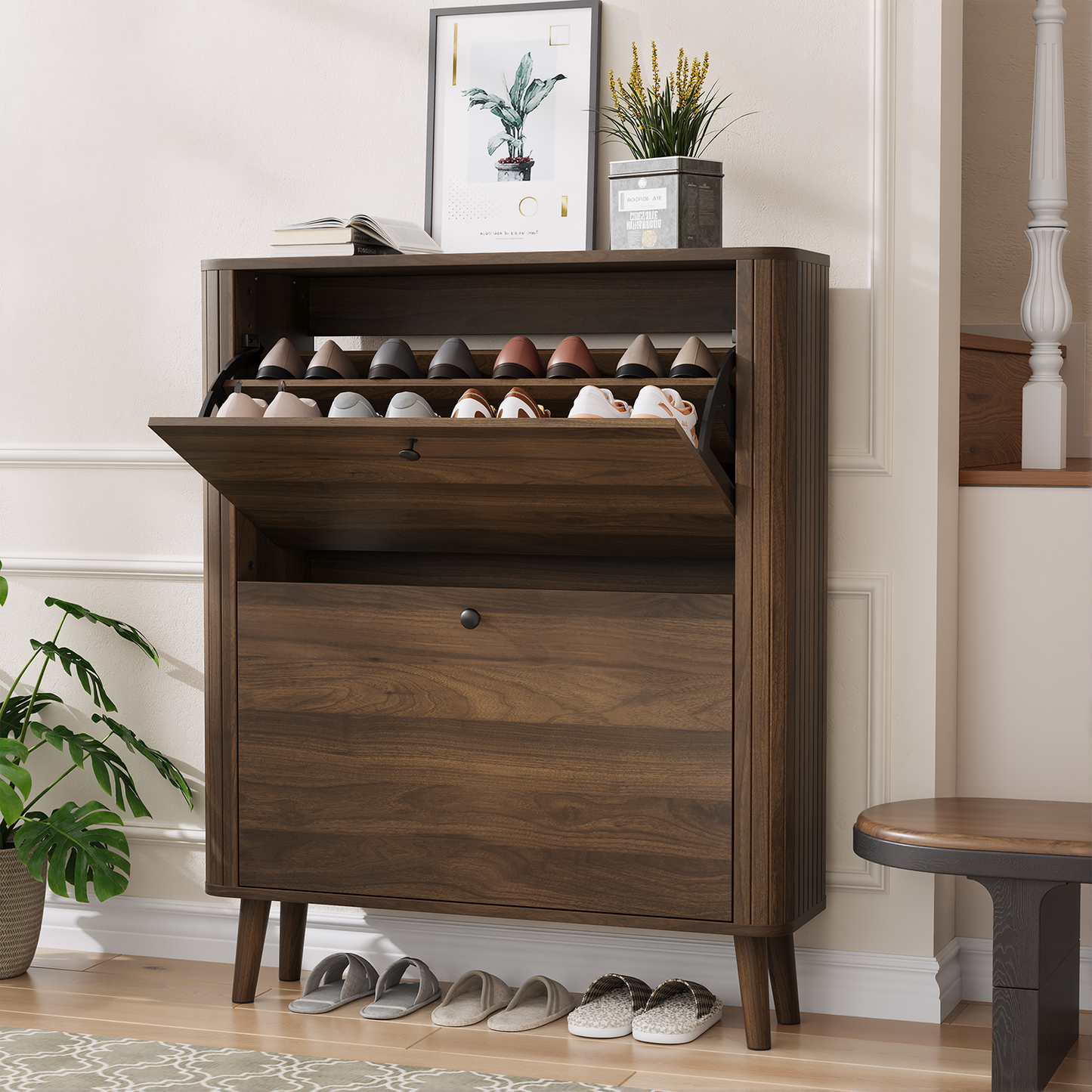 Semiocthome 31.5" Shoe Cabinet with 2 Flip Drawers, Curved Edge and Grille Stripe, Entryway, Walnut