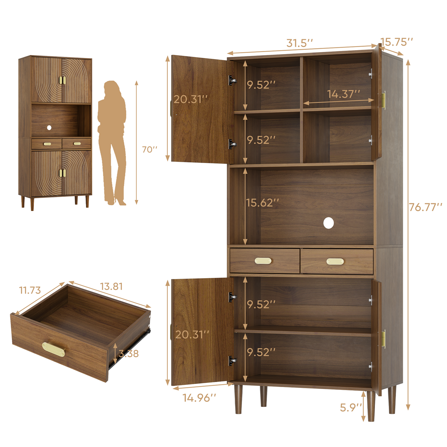 Algherohein Pantry Storage Cabinet with Doors and Drawers,Wood Kitchen Cabinets Storage