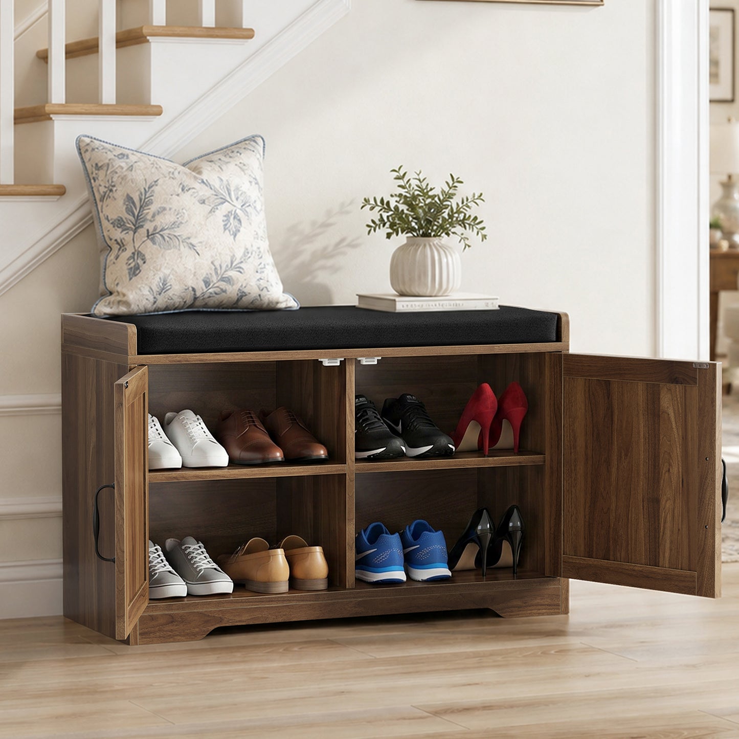 Semiocthome Shoe Bench with Storage for Entryway, Shoe Cabinet with Thick Padded Cushion, Walnut