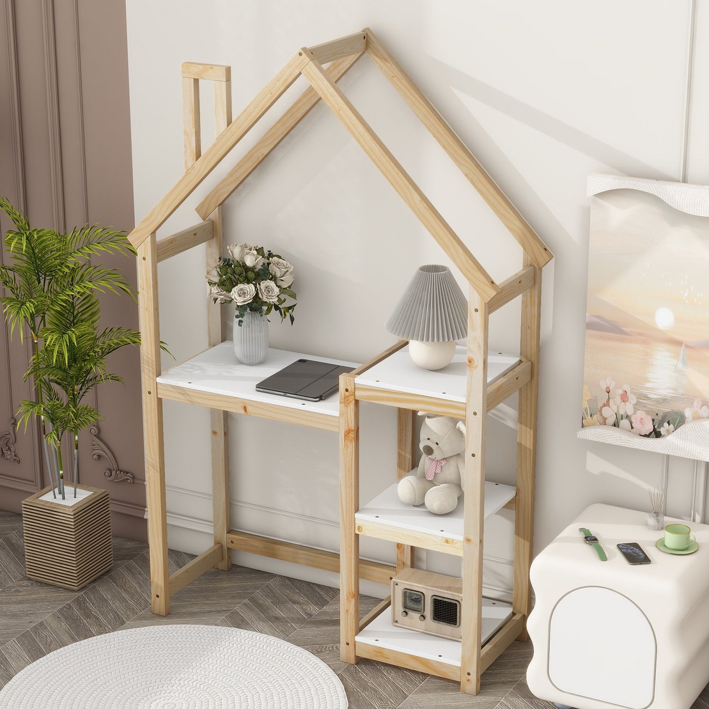 Smuxee Kid Bookshelf Storage with Desk and Roof-Framed,Toy Organizer Storage Cubes for Bedroom