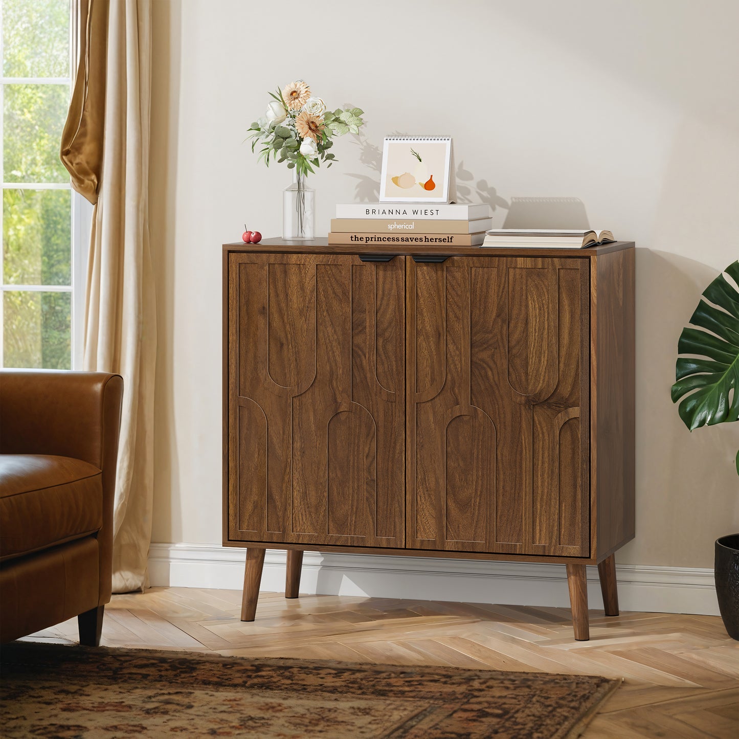Semiocthome 32" Farmhouse Sideboard Buffet Cabinet, Wood Storage Cabinet, Walnut