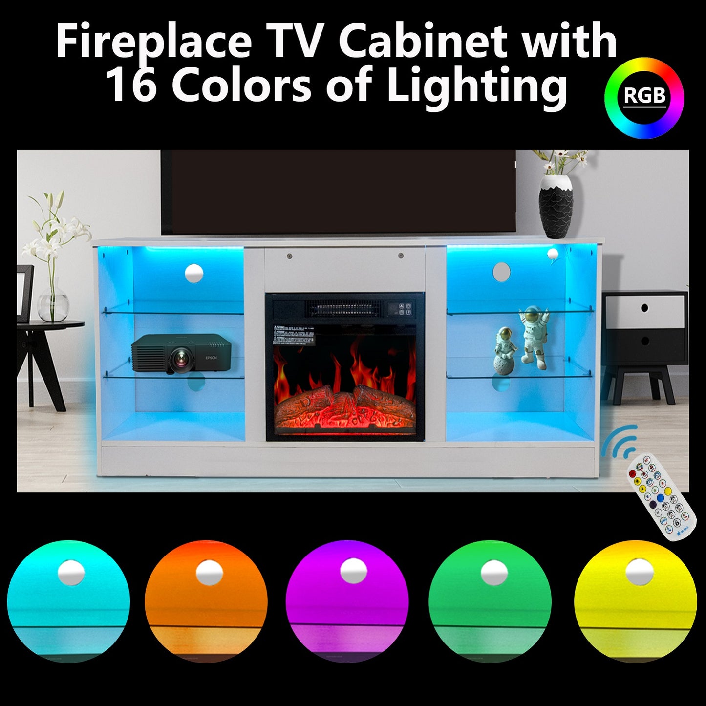 Algherohein Fireplace TV Stand for 65 inch TV,57.8in L Electric Fireplace Entertainment Center