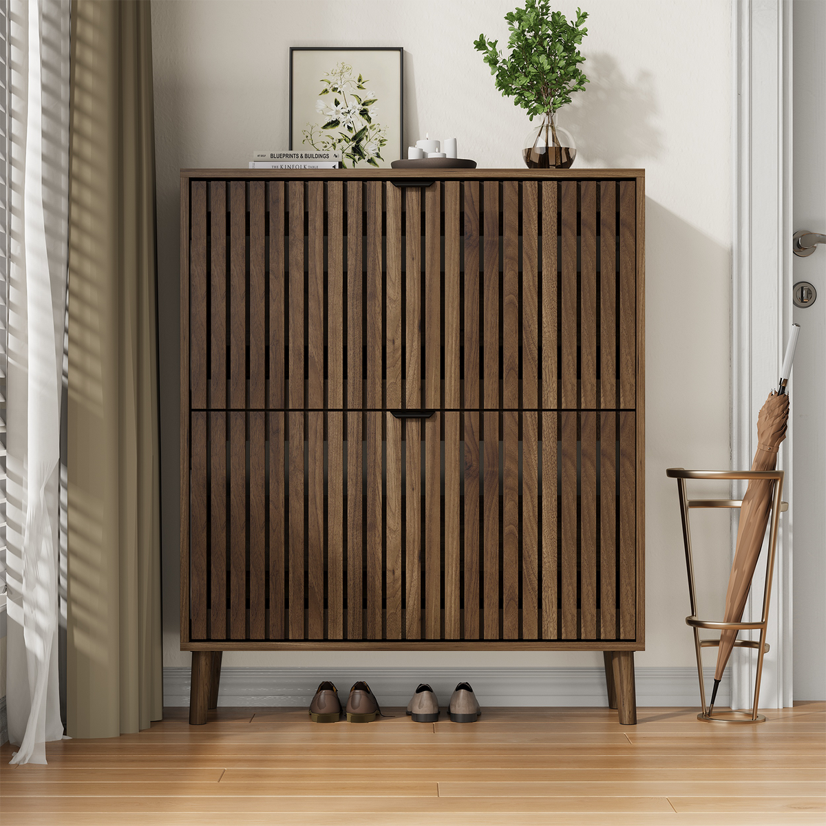Semiocthome 31.5" Shoe Cabinet, Shoe Storage Cabinet with 2 Flip Drawers, Ventilated Grille Design,Tall Legs, Entryway, Walnut