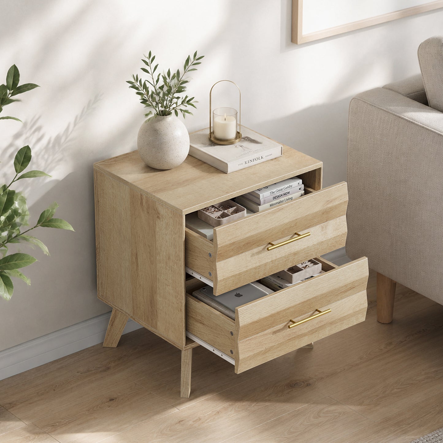 Semiocthome Nightstand with 2 Drawers and Unique 3D Fluted Design, Bedside Table for Bedroom, Oak