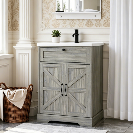 Smuxee Farmhouse Bathroom Vanity with Ceramic Sink Top, Upgrade Bathroom Storage Cabinet with Doors & Drawer