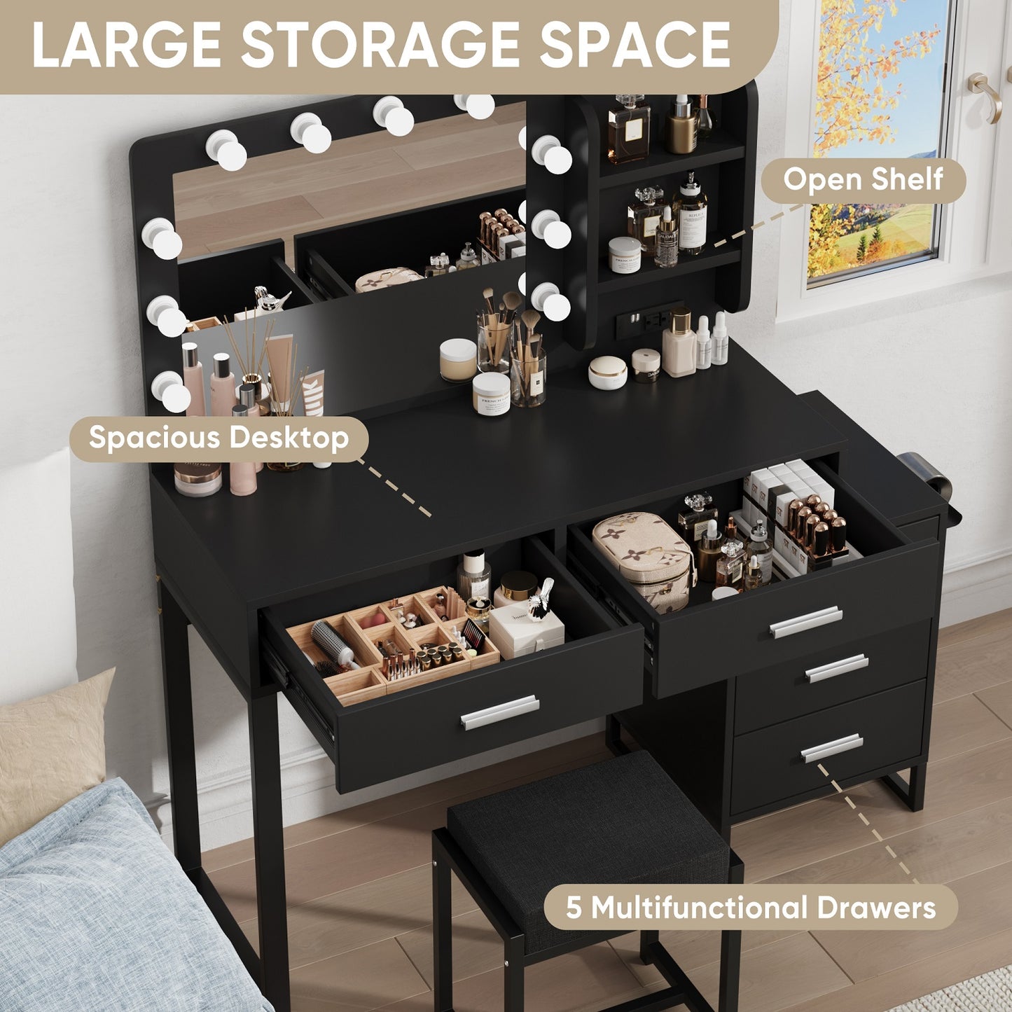 Algherohein Vanity Set with Mirror and Charging Station,Modern Makeup Vanity for Bedroom